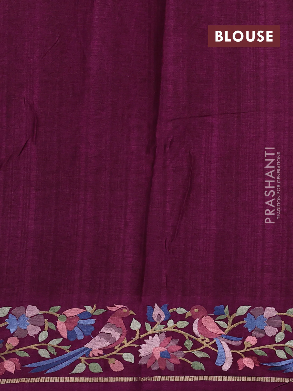 Semi tussar saree wine shade with allover zari checked pattern and embroidery border - Image 3