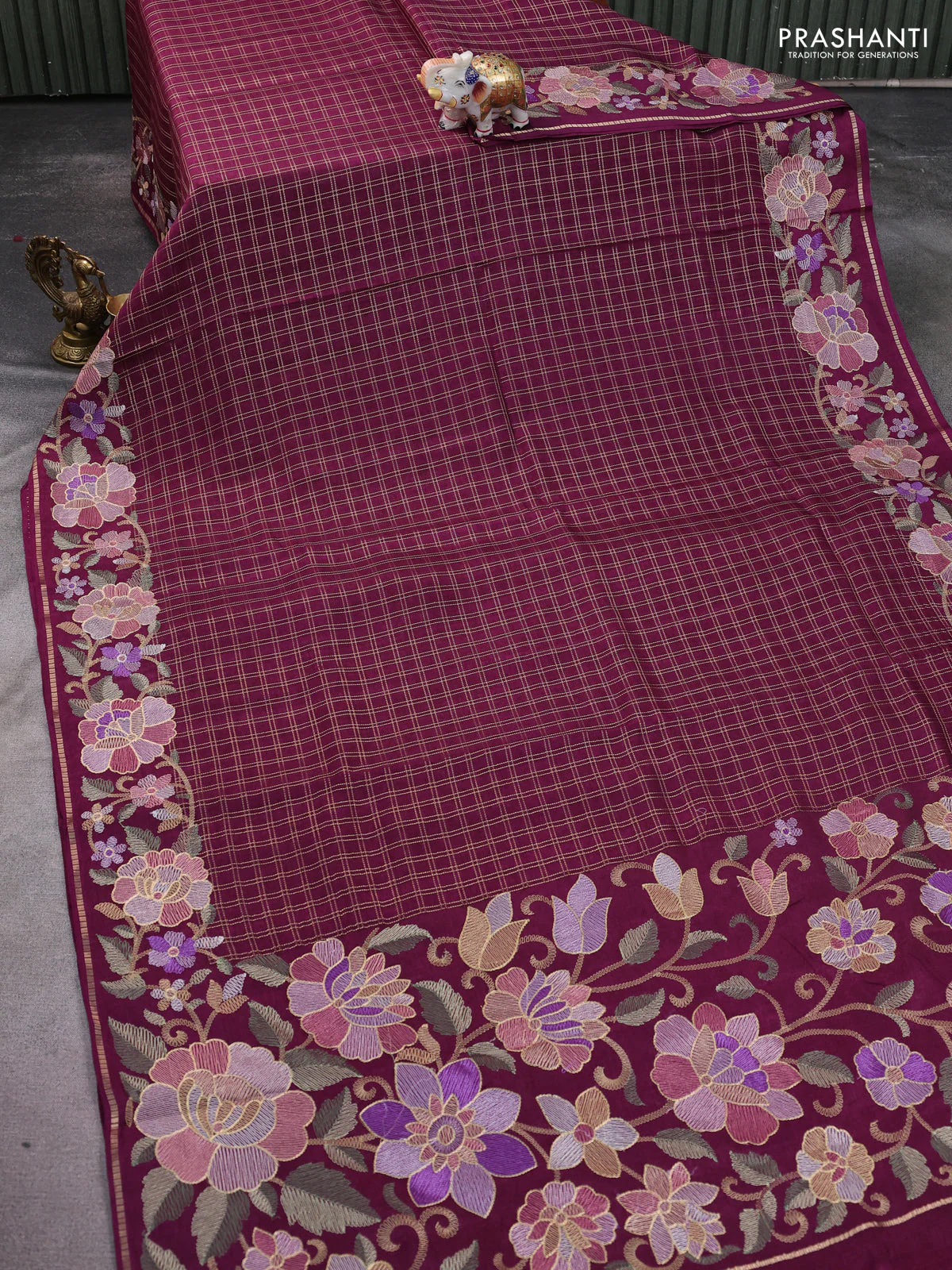 Semi tussar saree wine shade with allover zari checked pattern and embroidery border - Image 2
