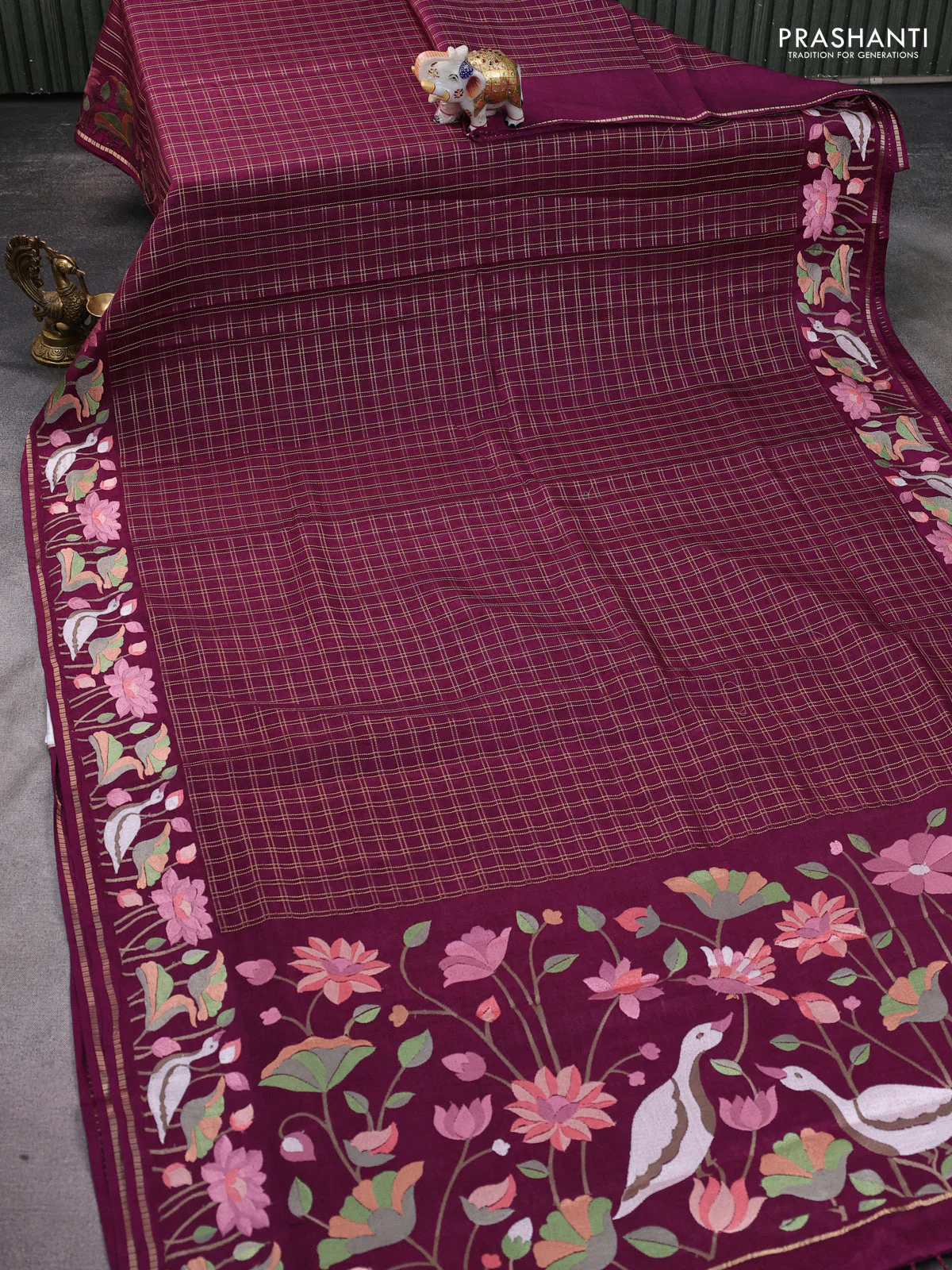 Semi tussar saree wine shade with allover zari checked pattern and embroidery border - Image 2