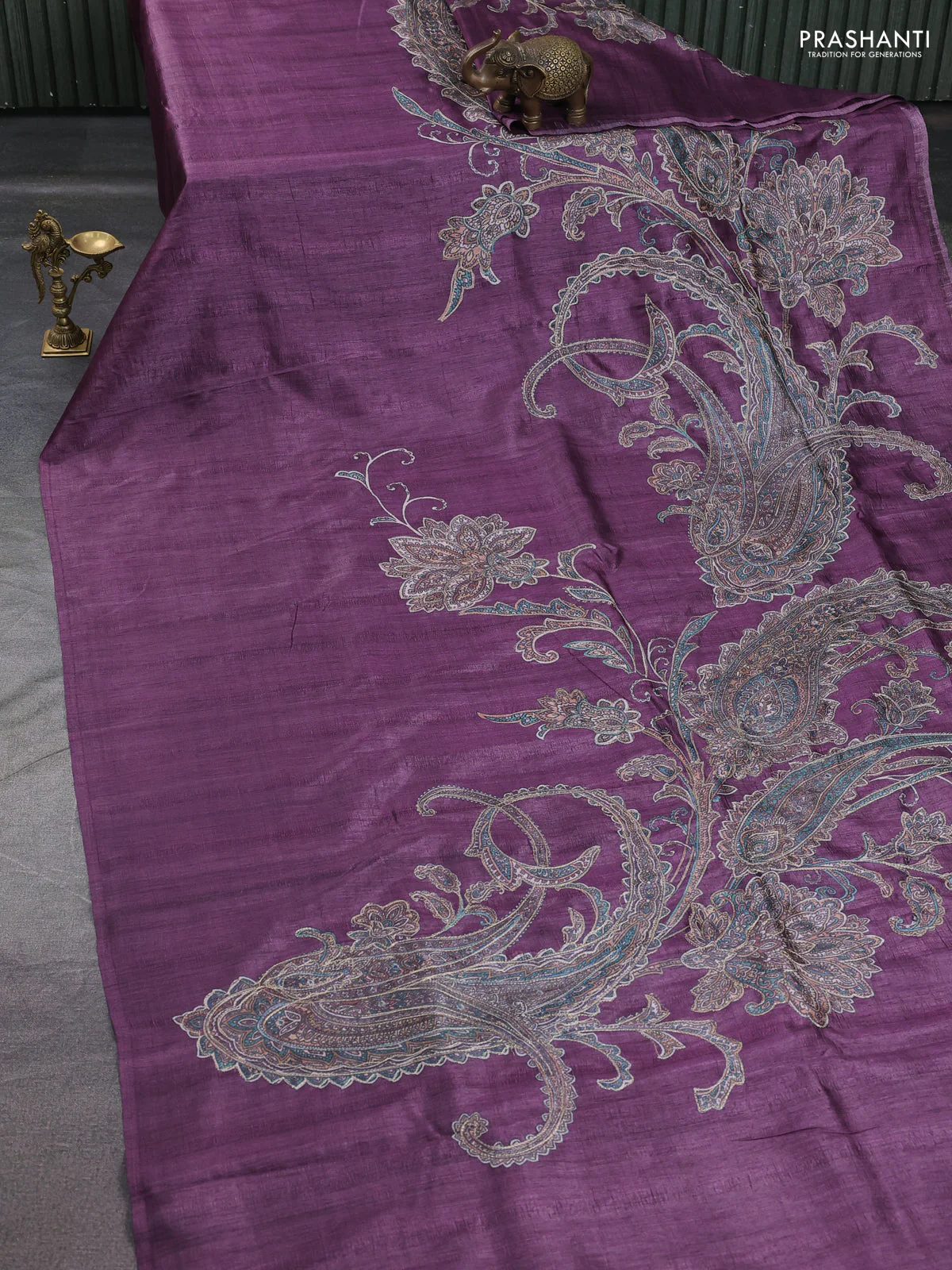 Semi tussar saree wine shade with embroidery work - Image 2