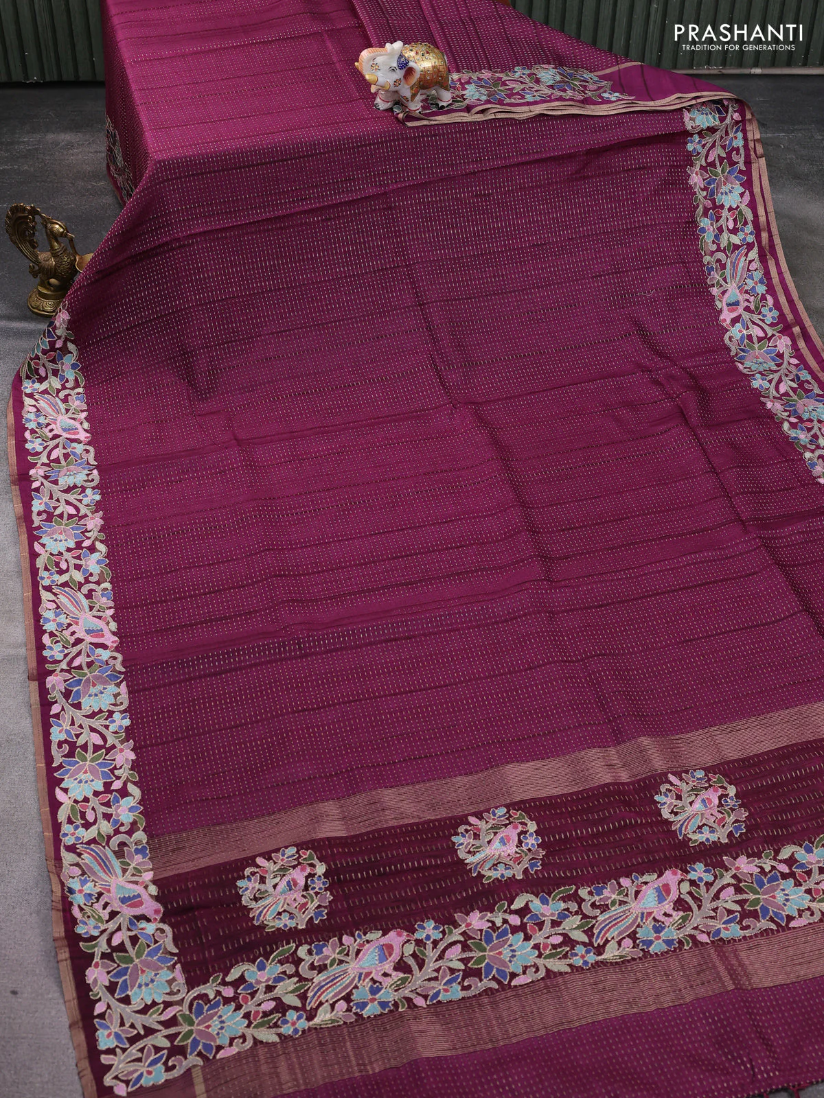 Semi tussar saree wine shade with zari weaves and embroidery border - Image 2