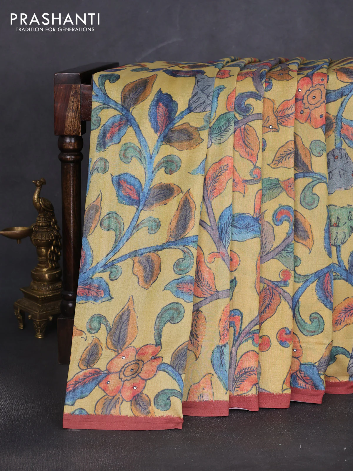 Semi tussar saree yellow and rust shade with allover kalamkari prints and mirror work - Image 2