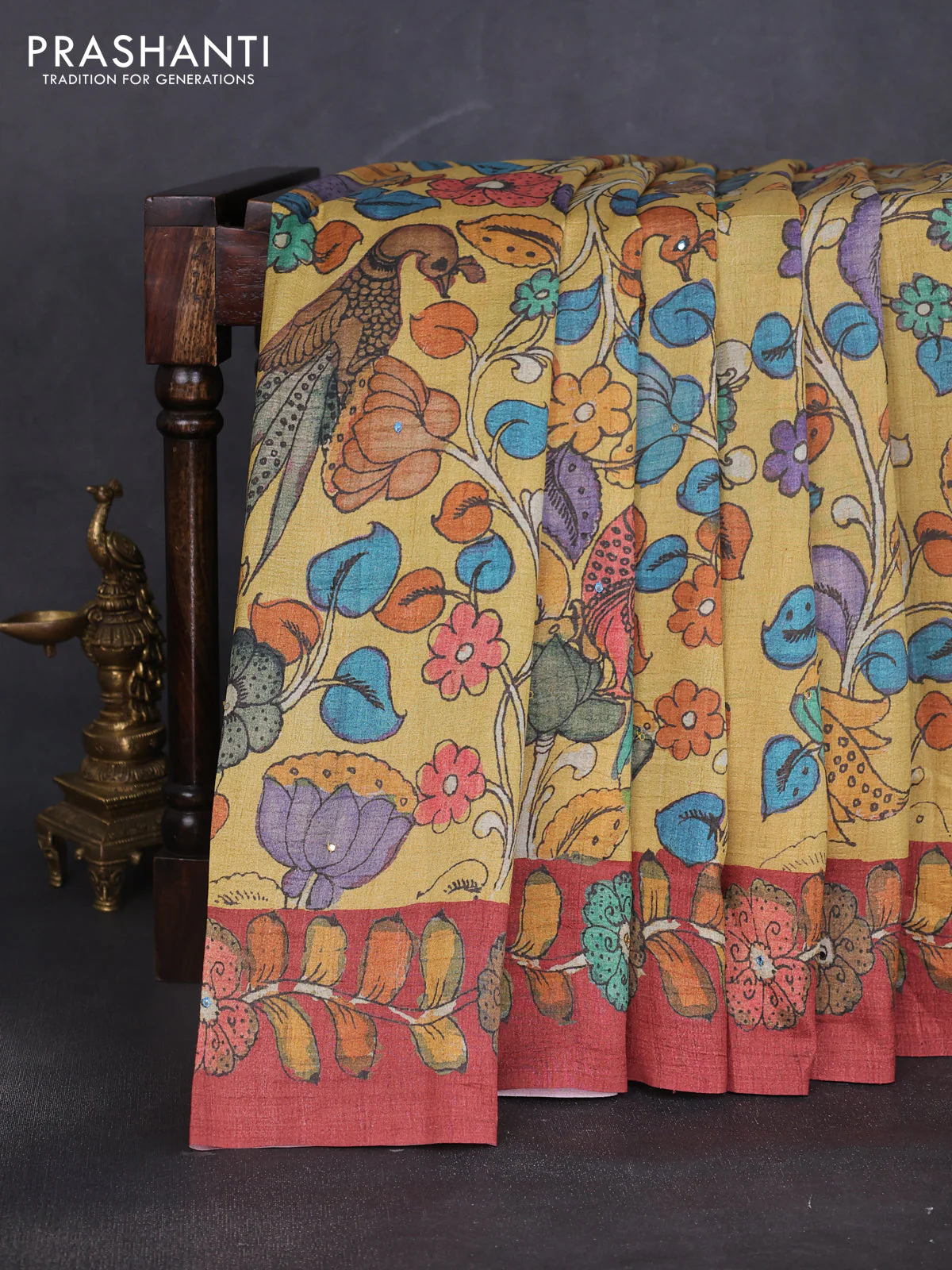 Semi tussar saree yellow and rustic orange with allover kalamkari prints and mirror work - Image 2