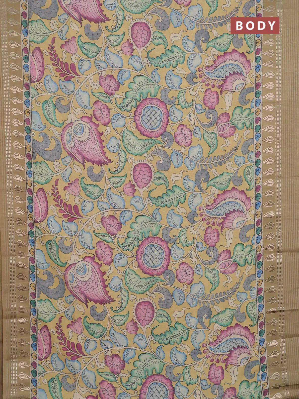 Semi tussar saree yellow shade and cream with allover kalamkari prints and zari woven border - Image 2