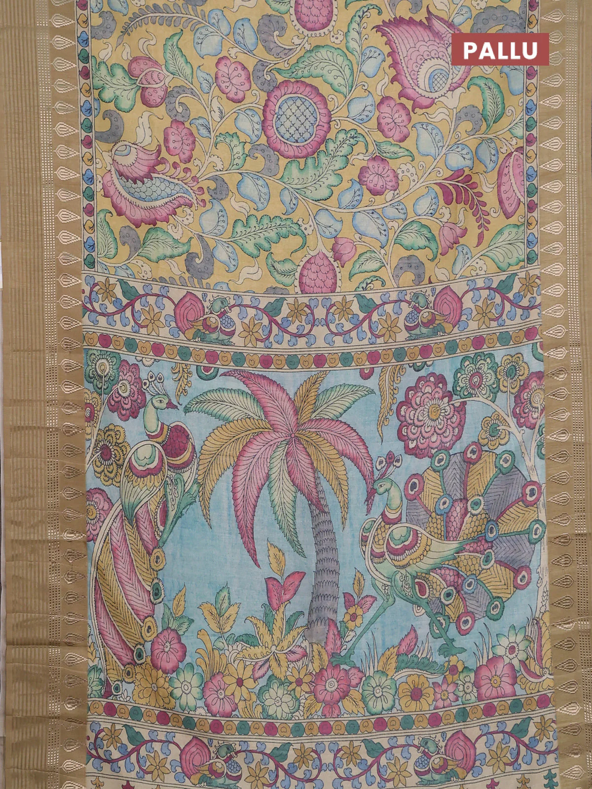 Semi tussar saree yellow shade and cream with allover kalamkari prints and zari woven border - Image 3