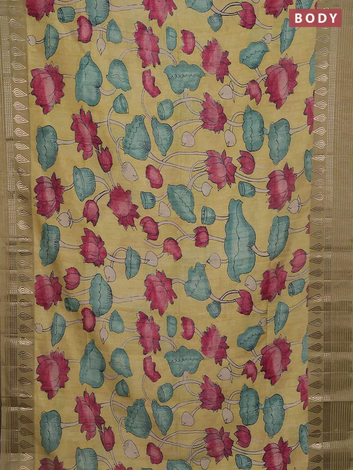 Semi tussar saree yellow shade and elaichi green with allover kalamkari prints and zari woven border - Image 2