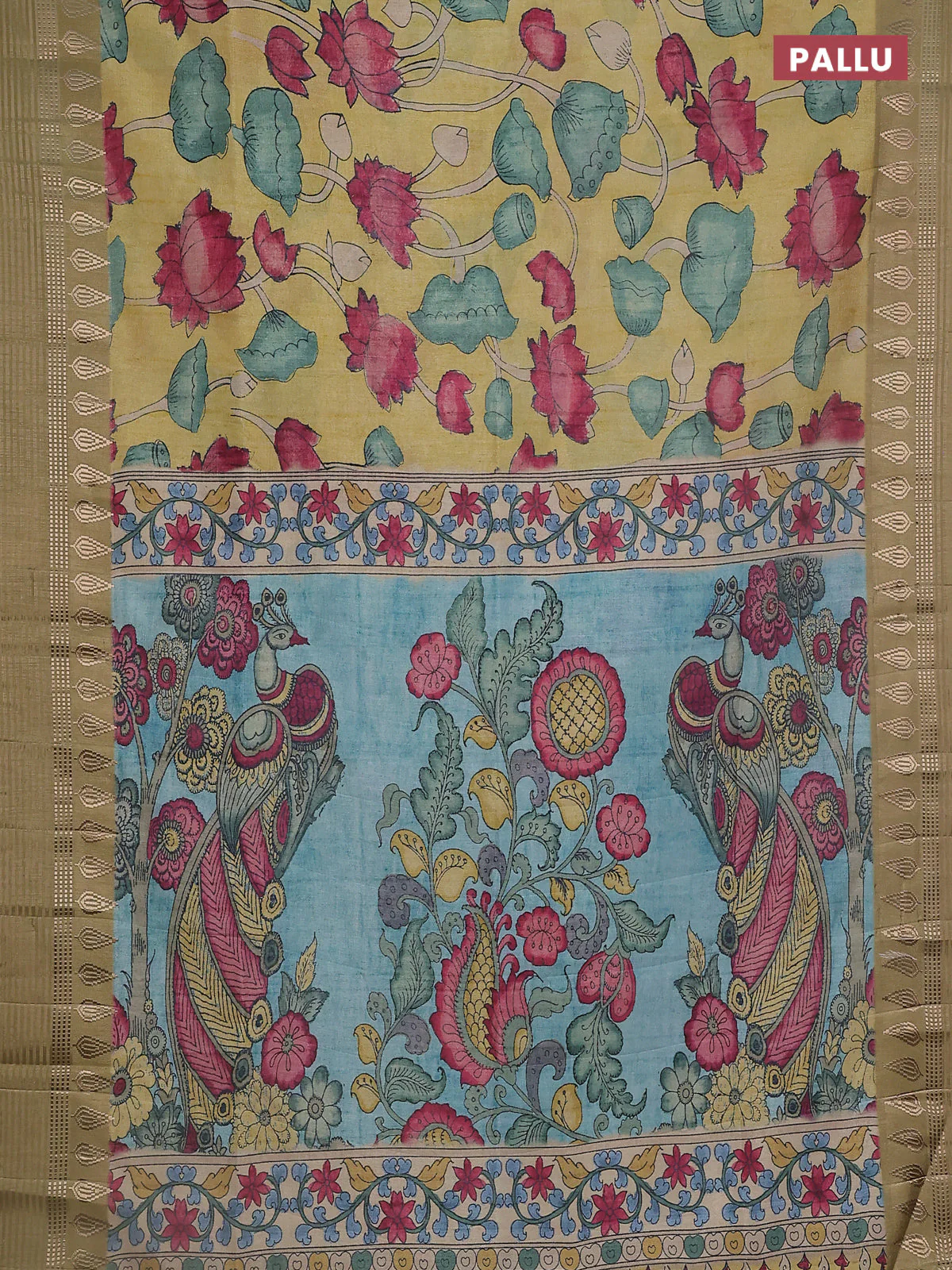 Semi tussar saree yellow shade and elaichi green with allover kalamkari prints and zari woven border - Image 3