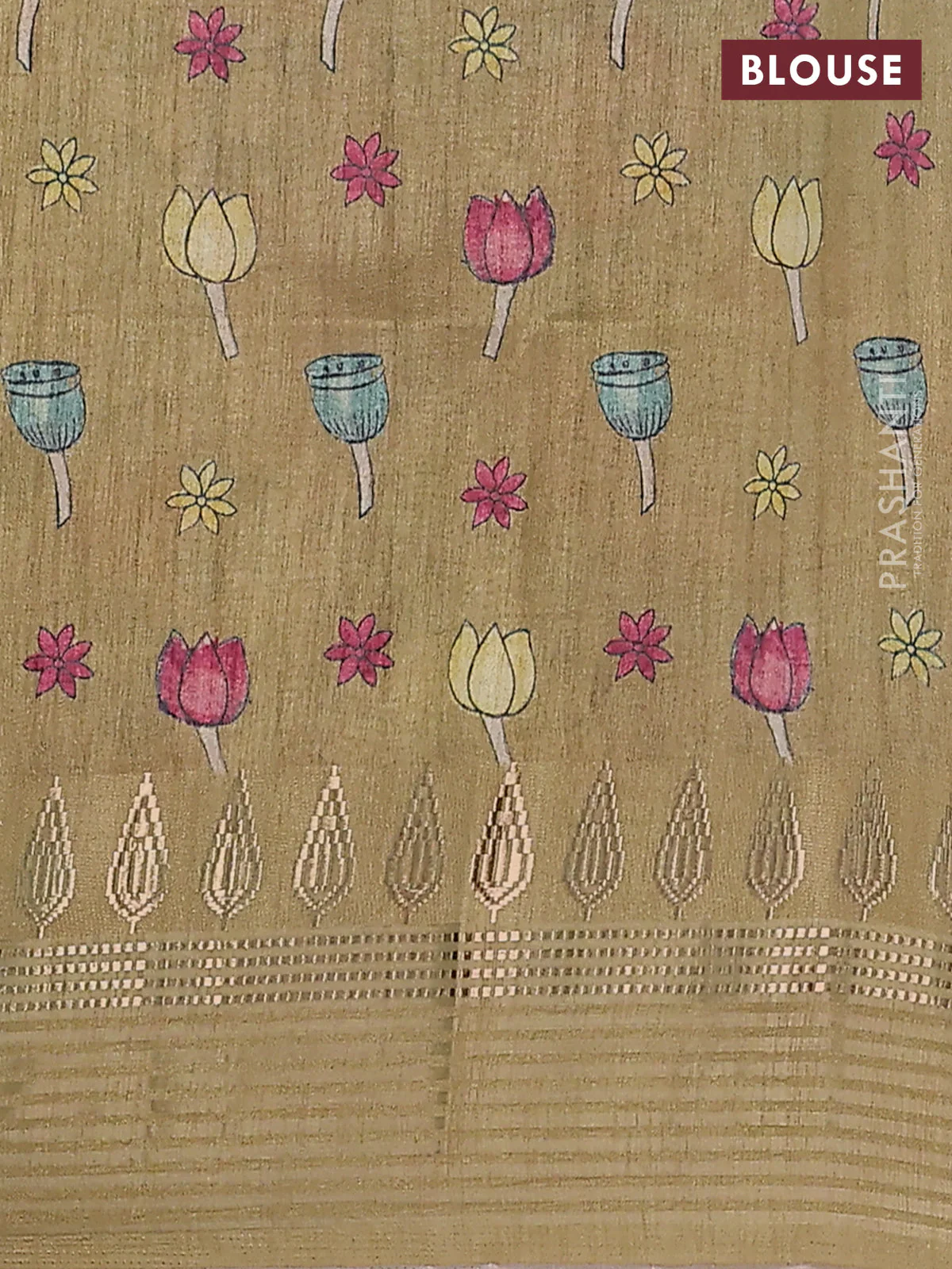 Semi tussar saree yellow shade and elaichi green with allover kalamkari prints and zari woven border - Image 4