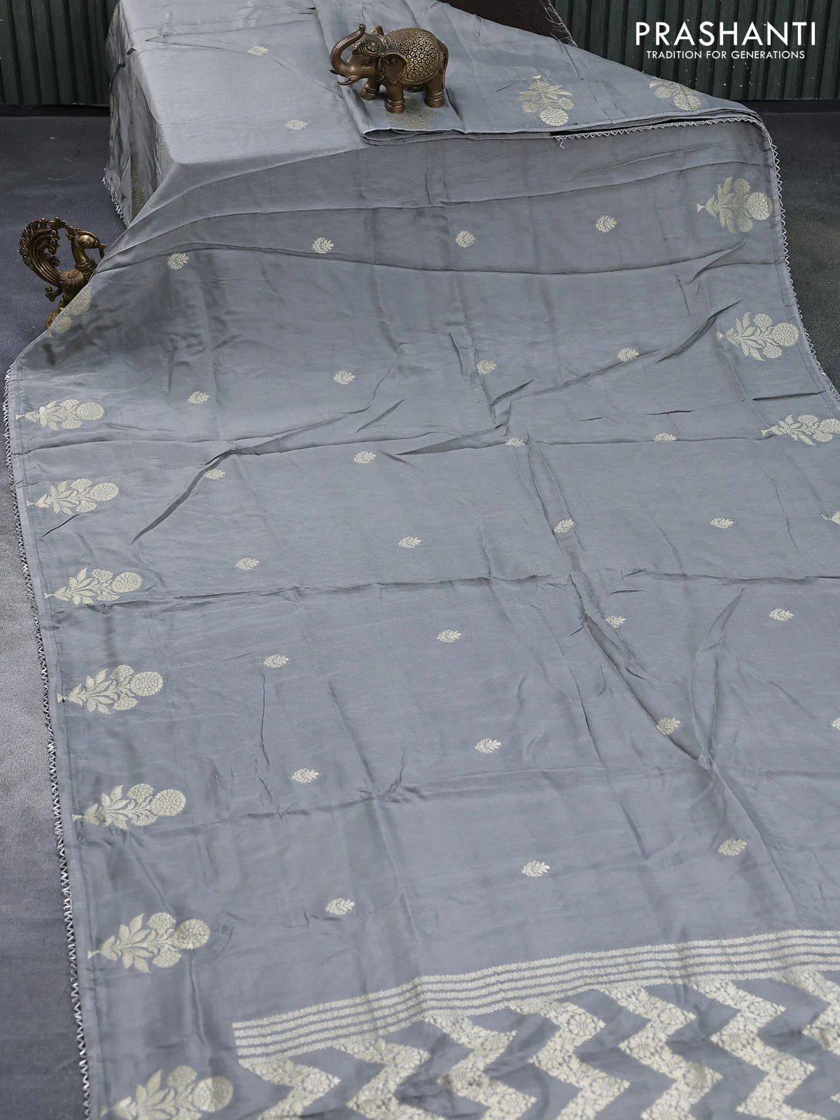 Semi tussar silk saree grey and navy blue with thread & zari woven buttas and woven buttas & beaded work border - Image 2