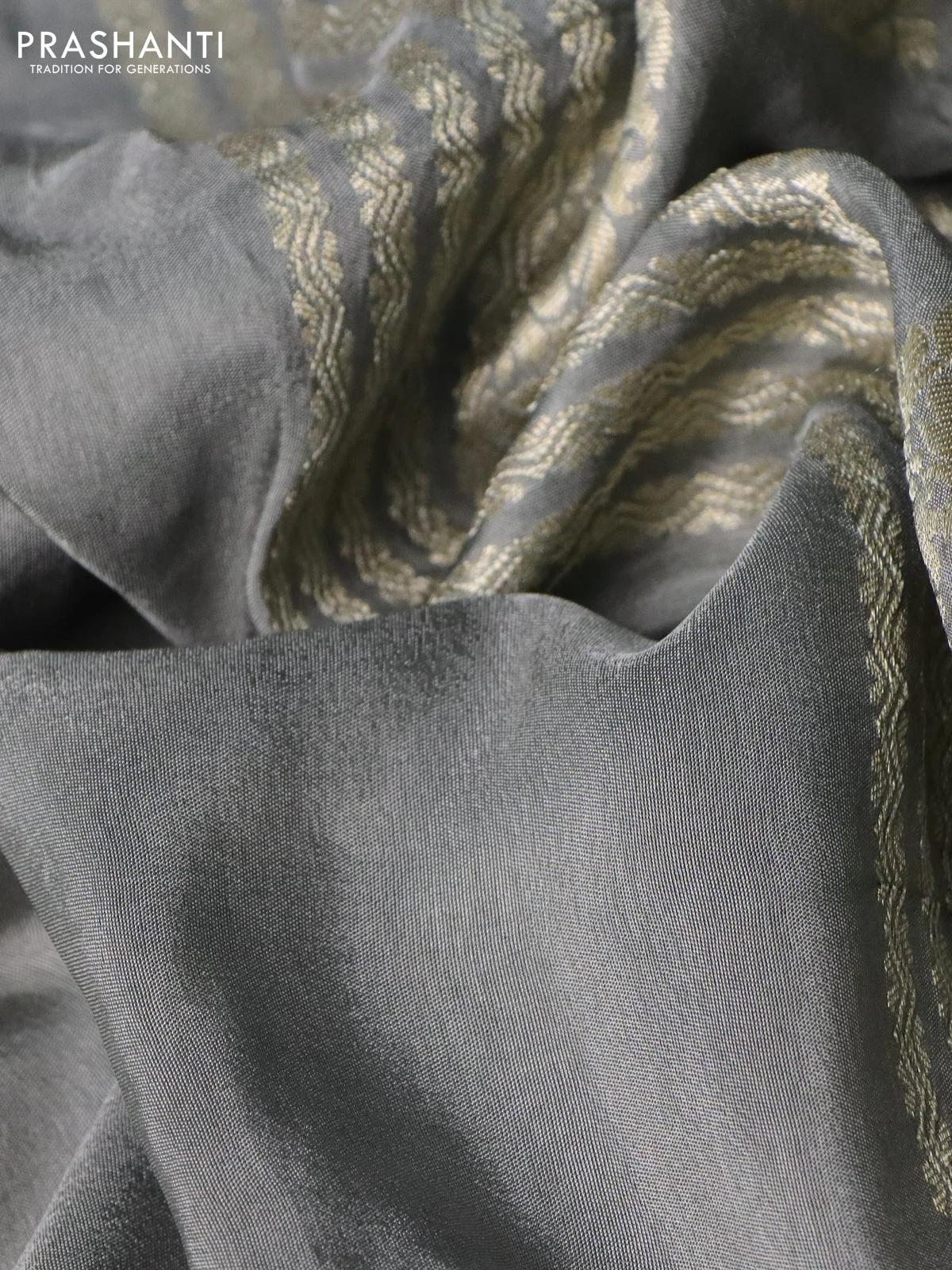 Semi tussar silk saree grey and navy blue with thread & zari woven buttas and woven buttas & beaded work border - Image 3