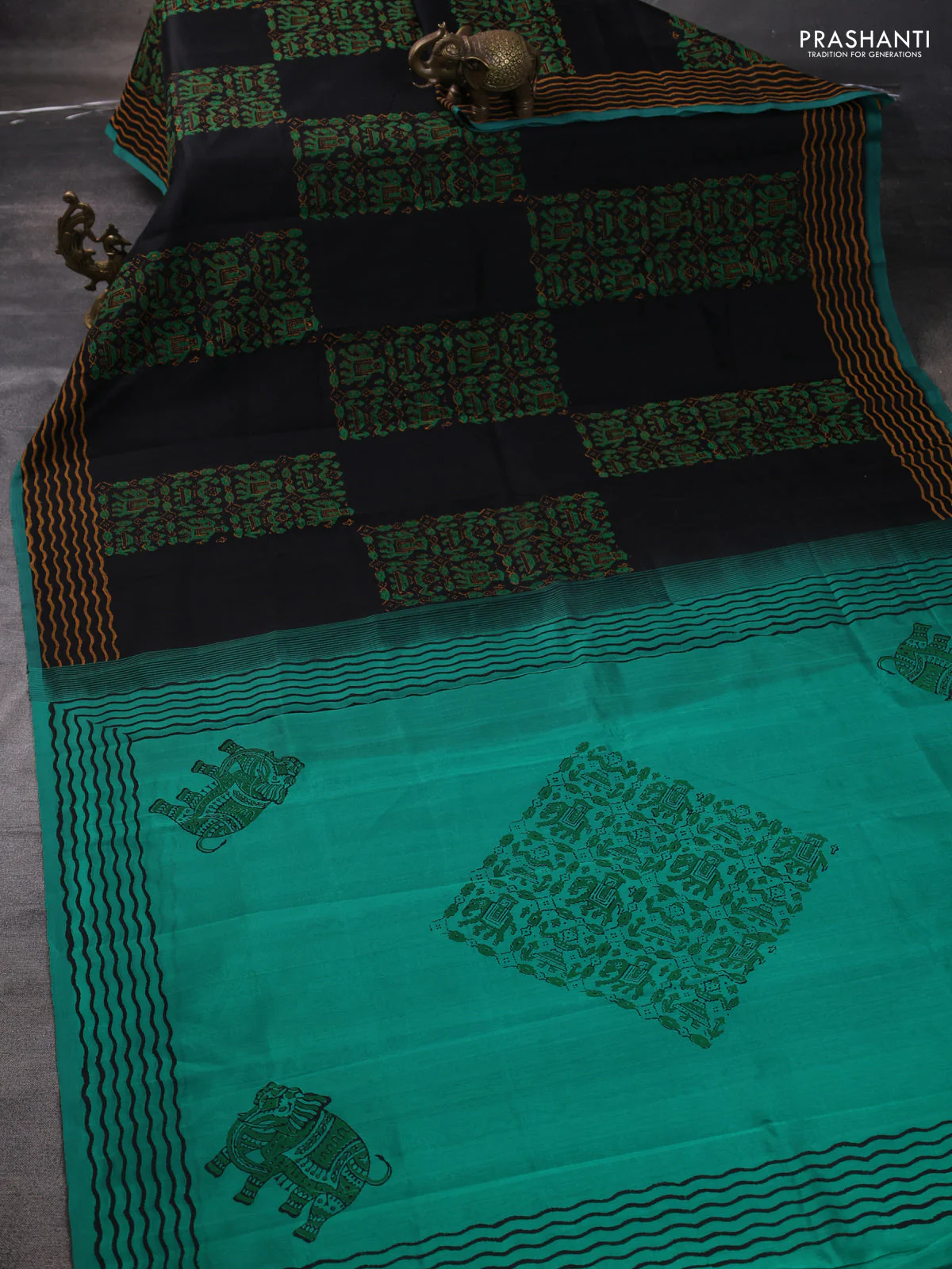 Silk cotton block printed saree black and green with allover prints and printed border - Image 2