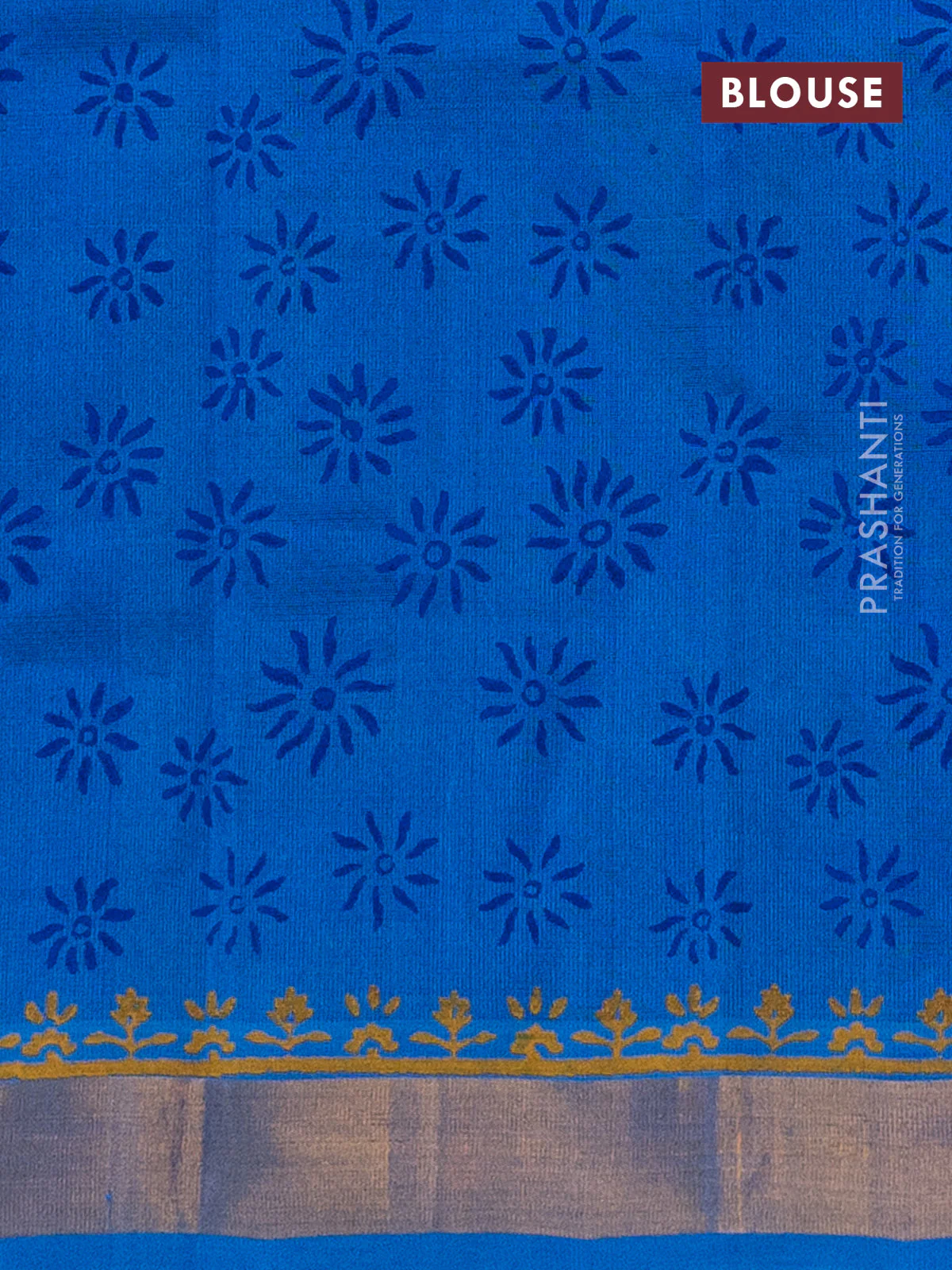 Silk cotton block printed saree blue and cs blue with allover floral prints and zari woven border - Image 3