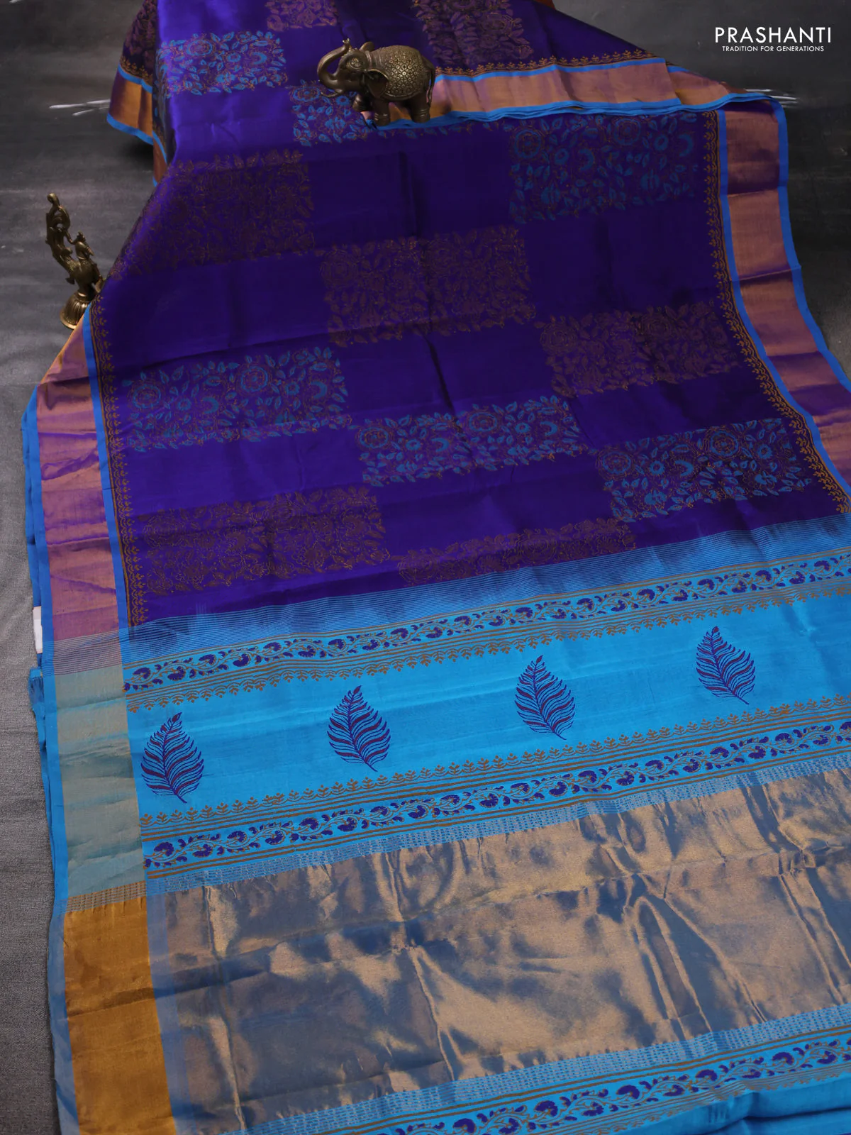 Silk cotton block printed saree blue and cs blue with allover prints and zari woven border - Image 2