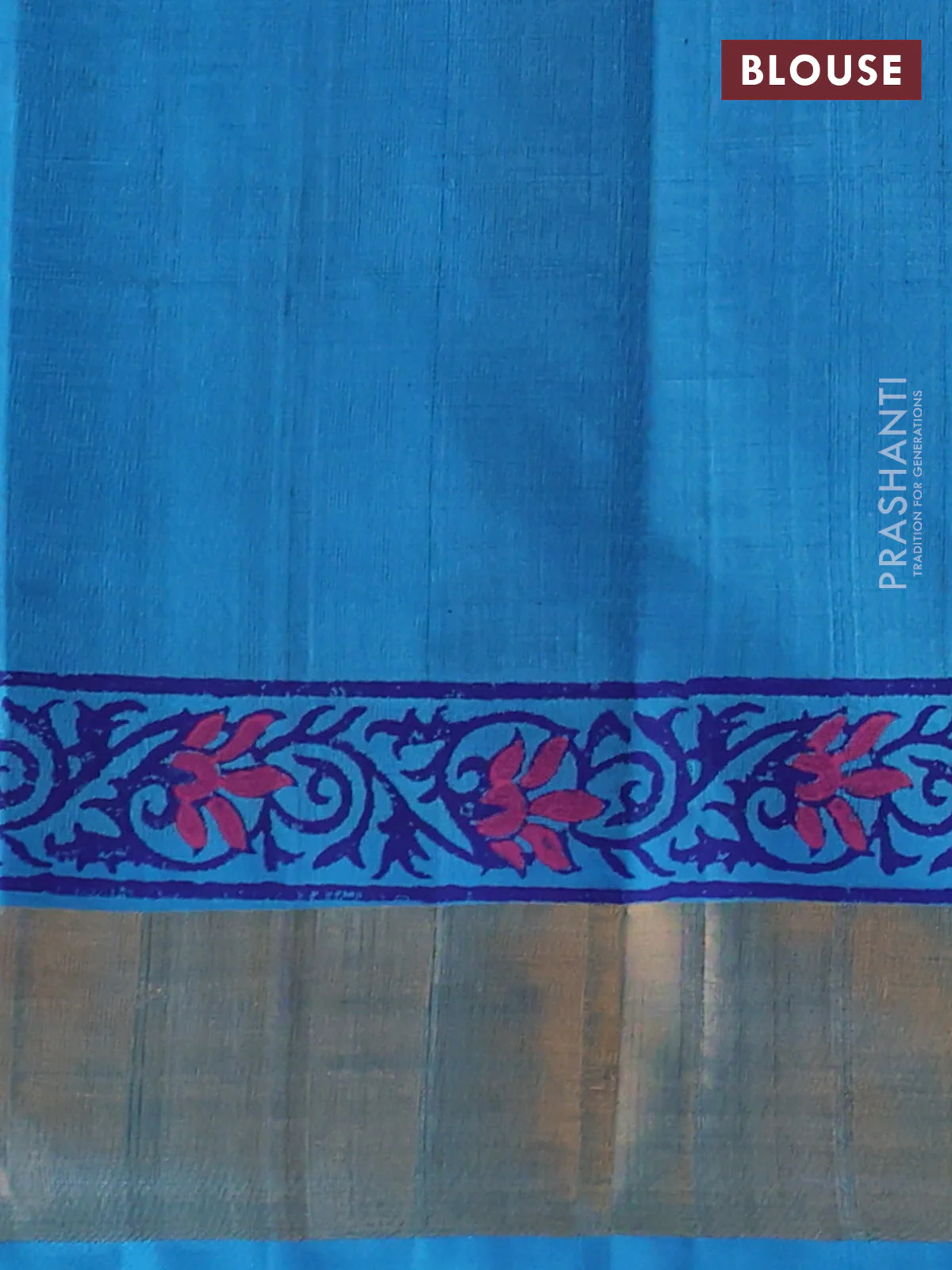 Silk cotton block printed saree blue and cs blue with allover prints and zari woven border - Image 3