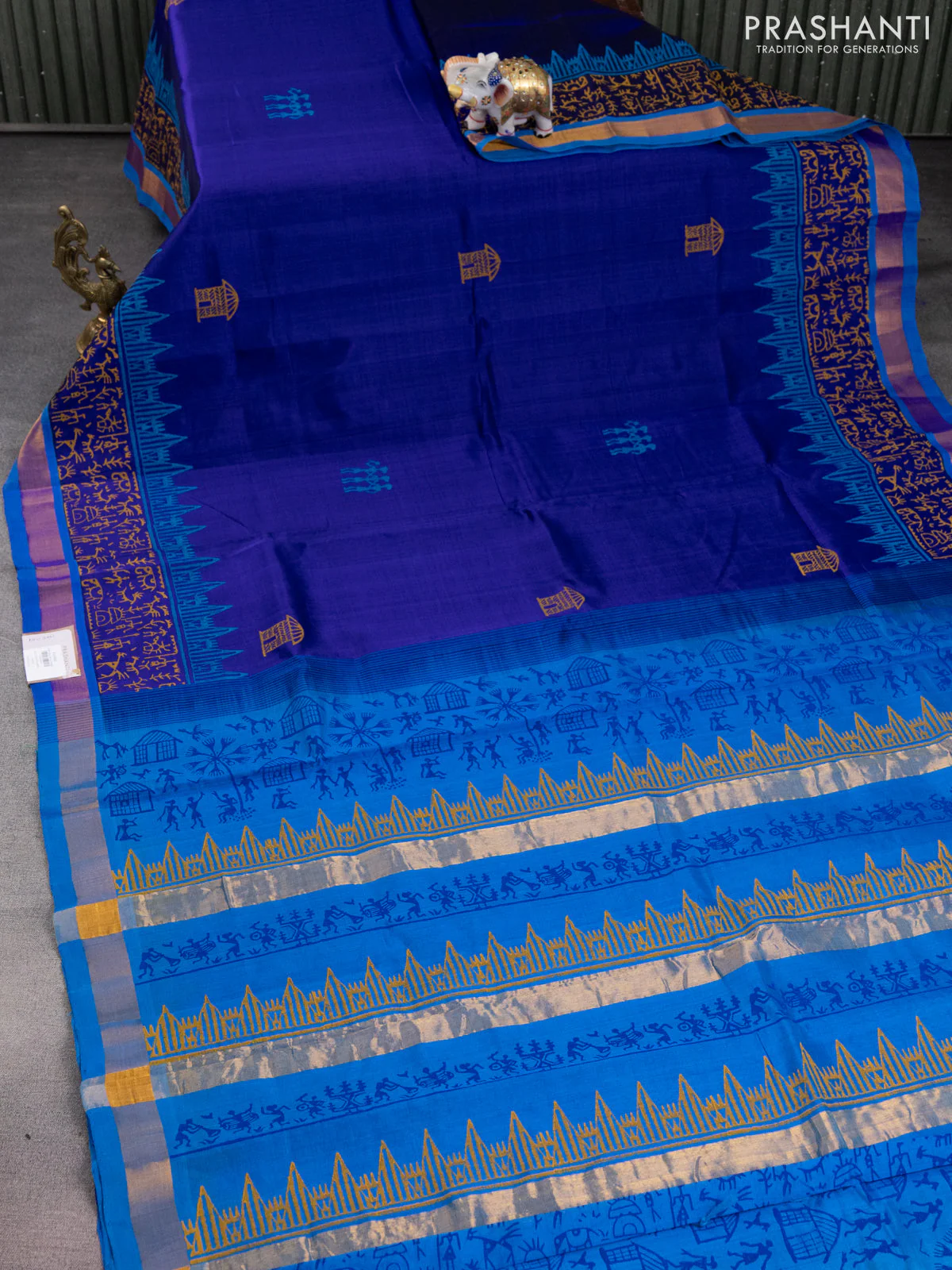 Silk cotton block printed saree blue and cs blue with allover prints and zari woven border - Image 2