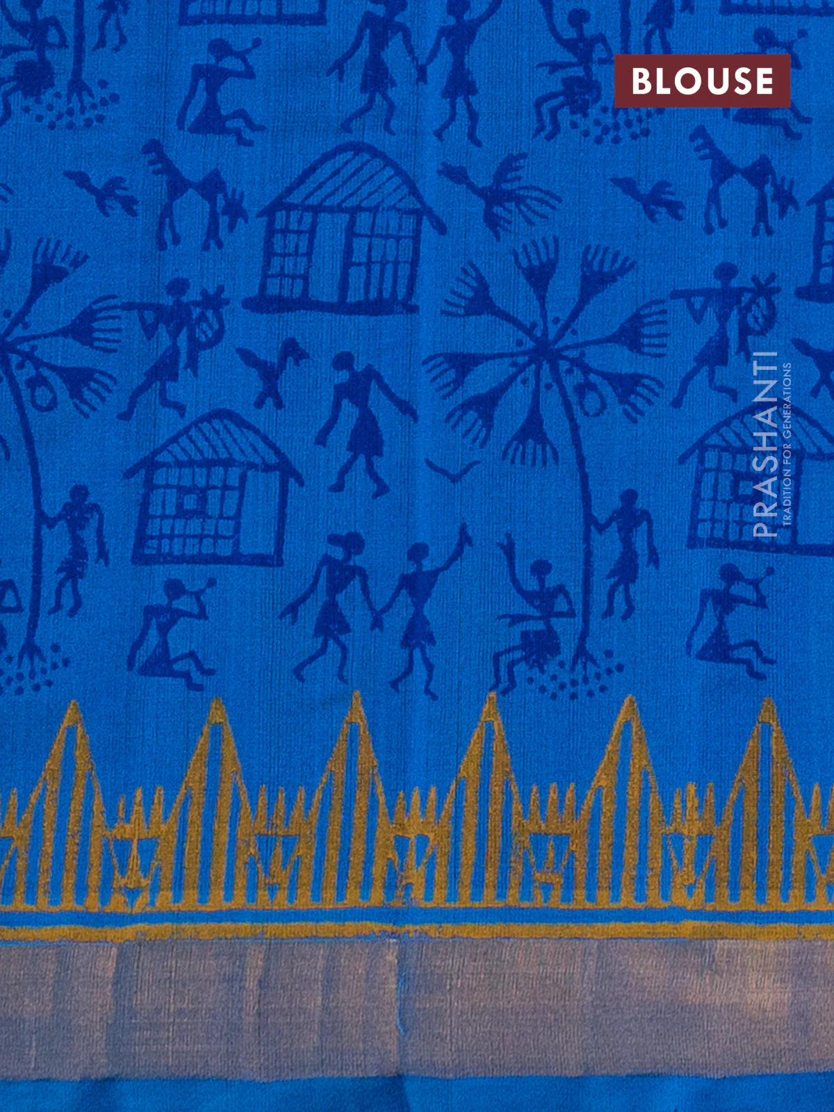 Silk cotton block printed saree blue and cs blue with allover prints and zari woven border - Image 3