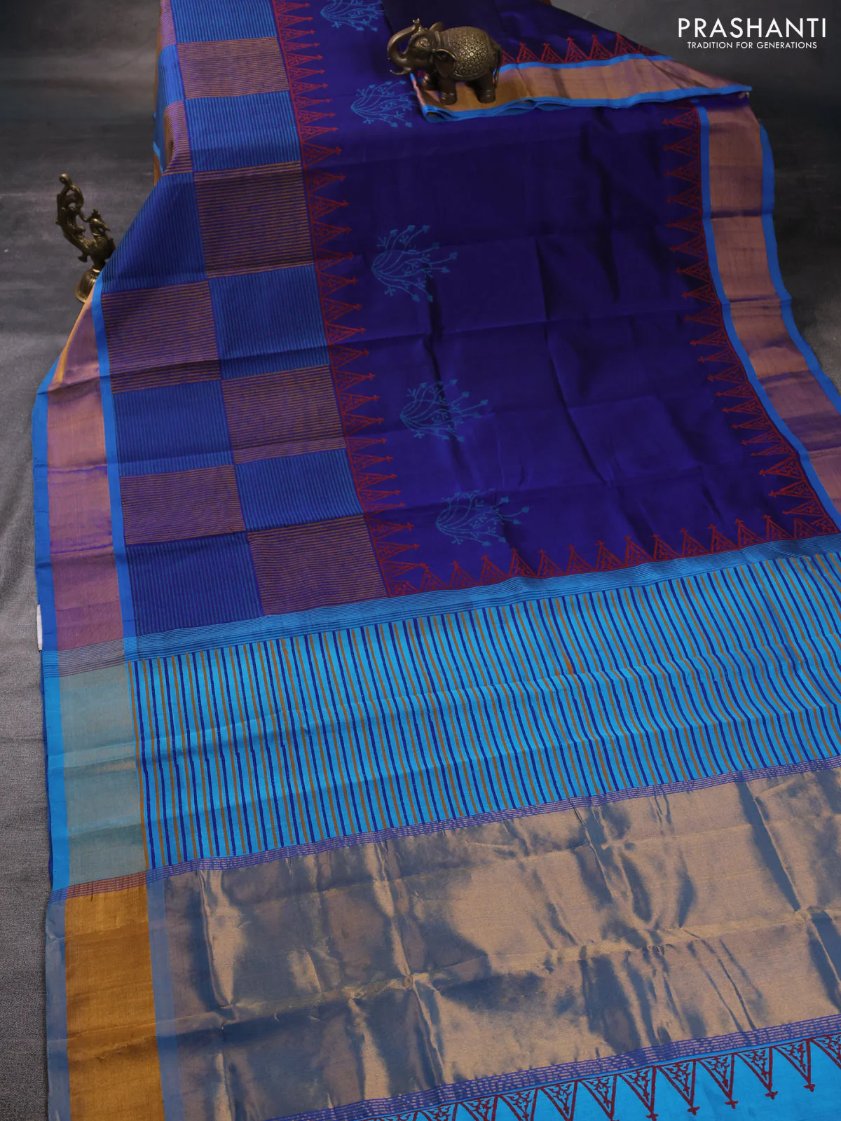Silk cotton block printed saree blue and cs blue with butta prints and zari woven border - Image 2