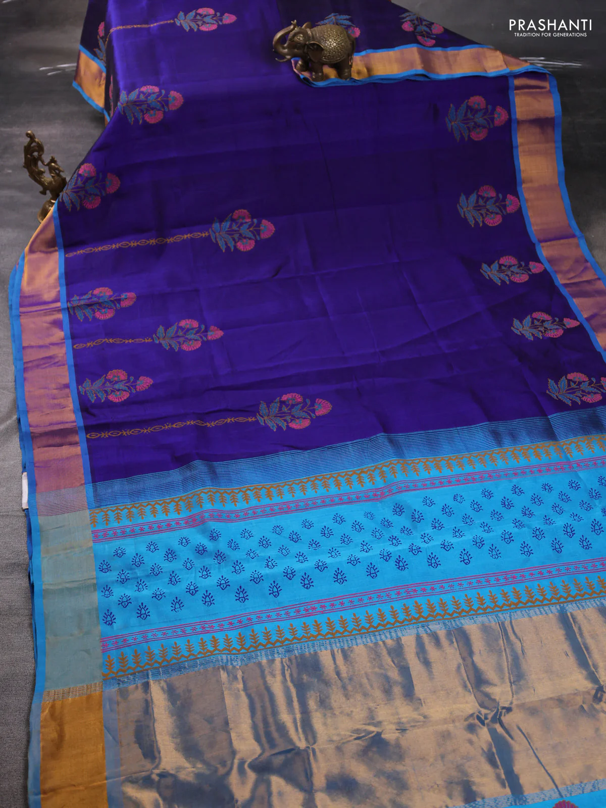 Silk cotton block printed saree blue and cs blue with butta prints and zari woven border - Image 2