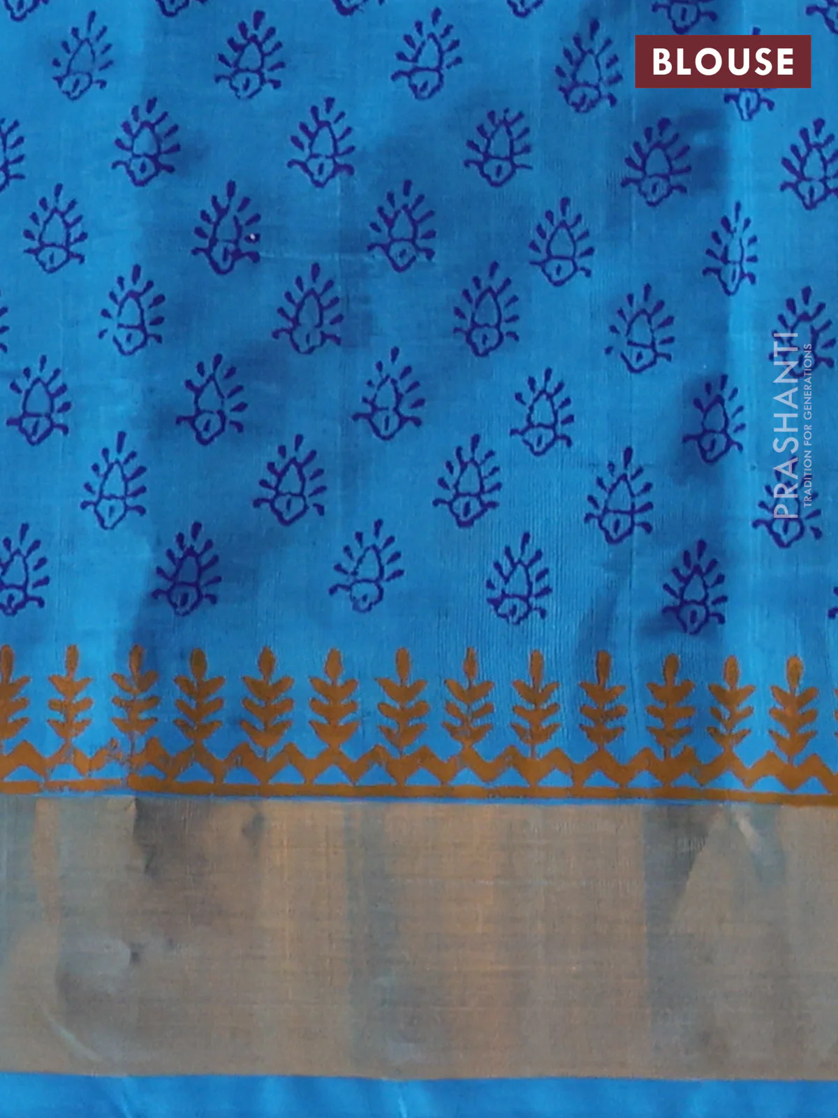 Silk cotton block printed saree blue and cs blue with butta prints and zari woven border - Image 3