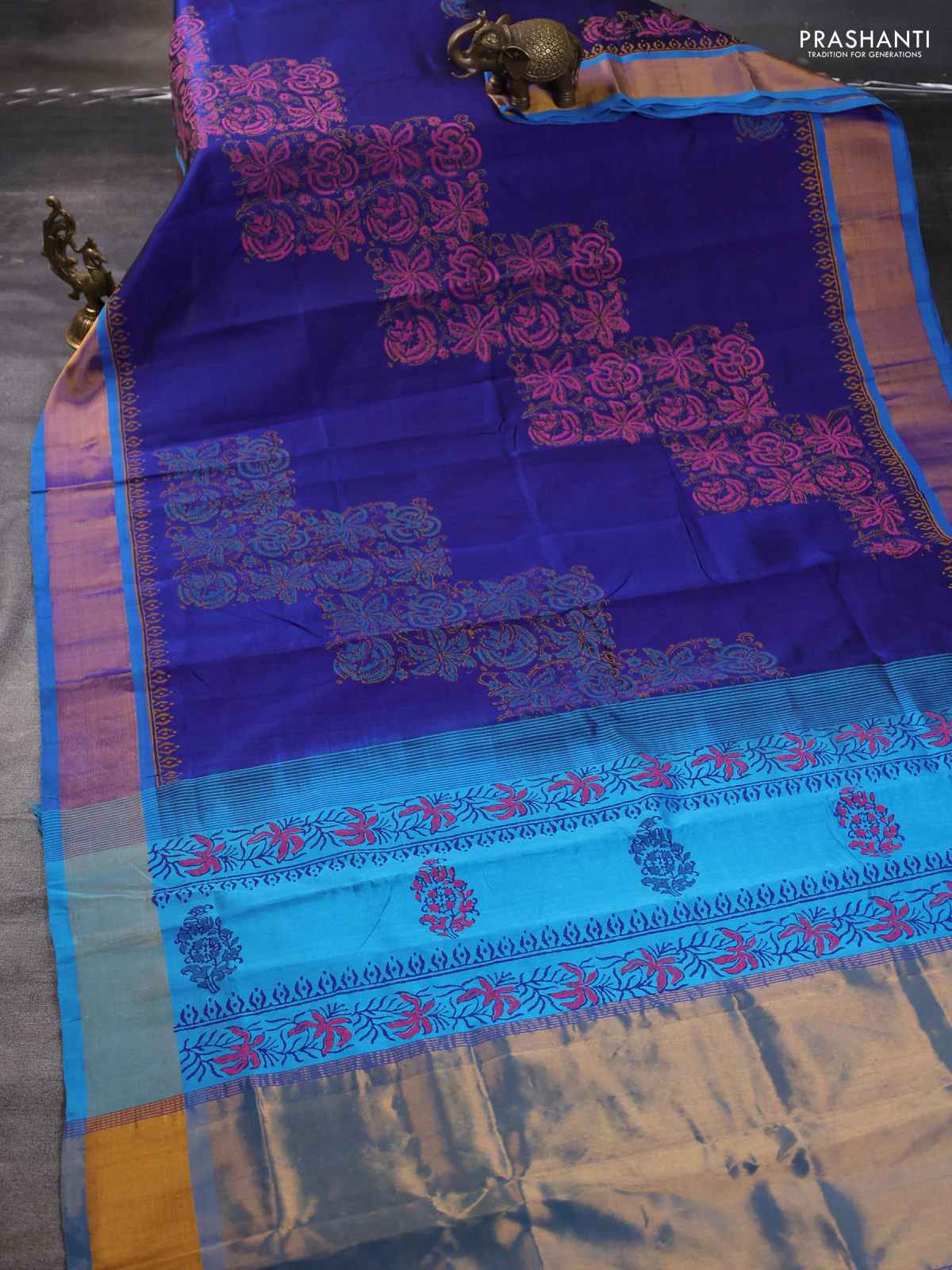 Silk cotton block printed saree blue and cs blue with kalamkari prints and zari woven border - Image 2