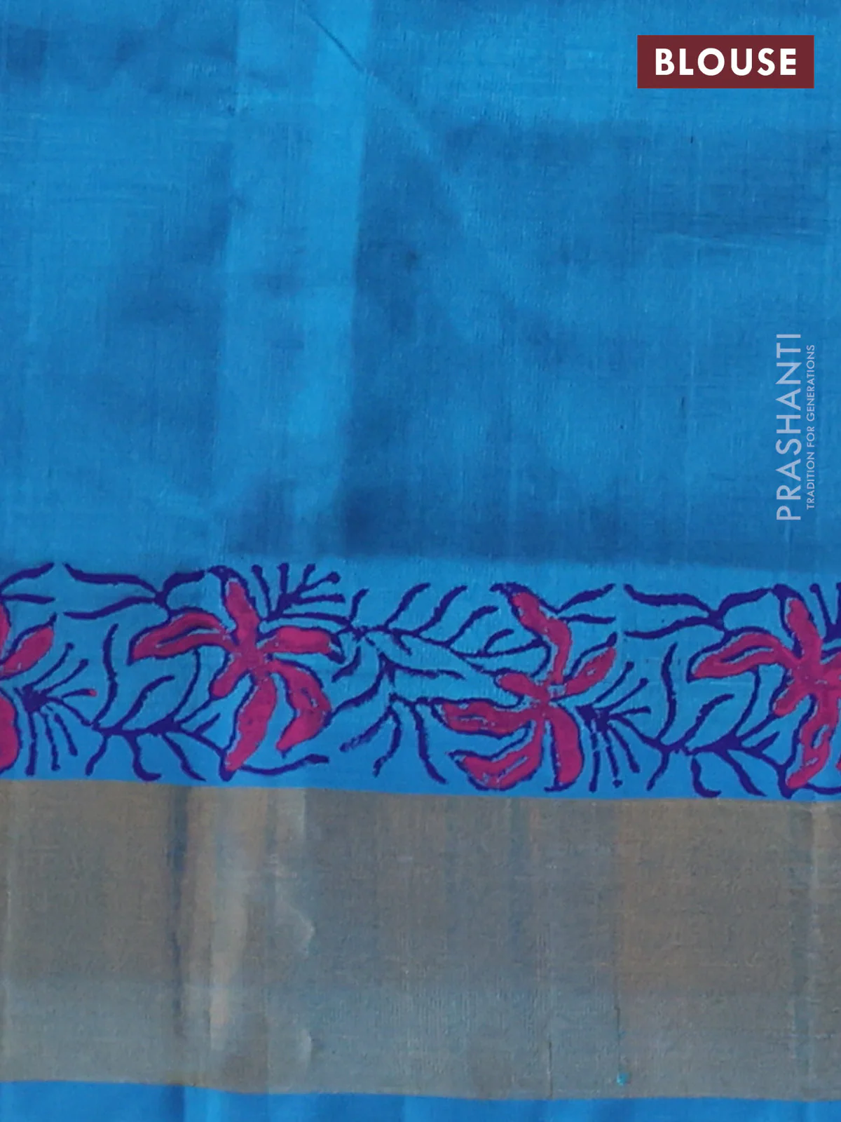 Silk cotton block printed saree blue and cs blue with kalamkari prints and zari woven border - Image 3