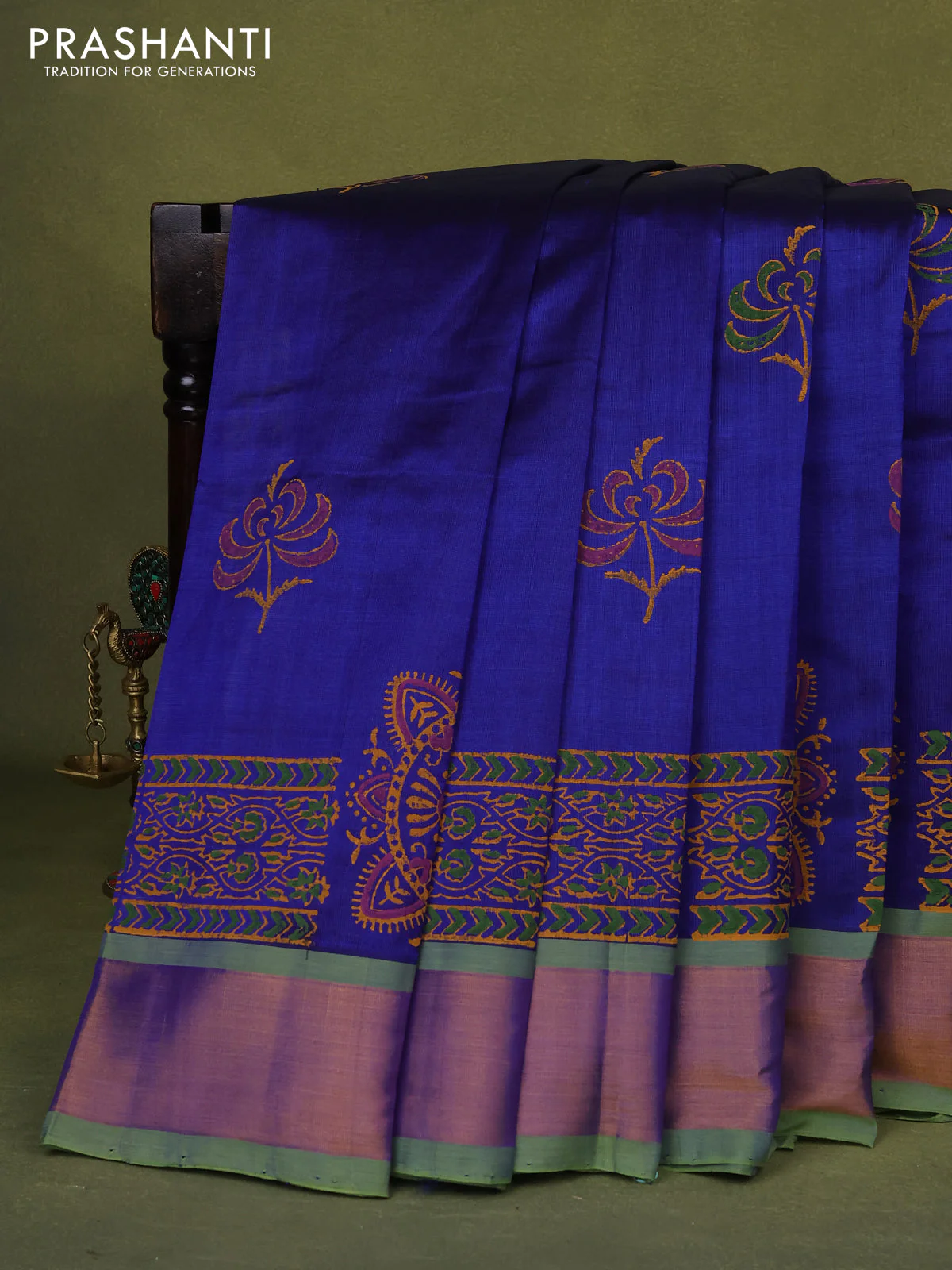 Silk cotton block printed saree blue and green with butta prints and zari woven border