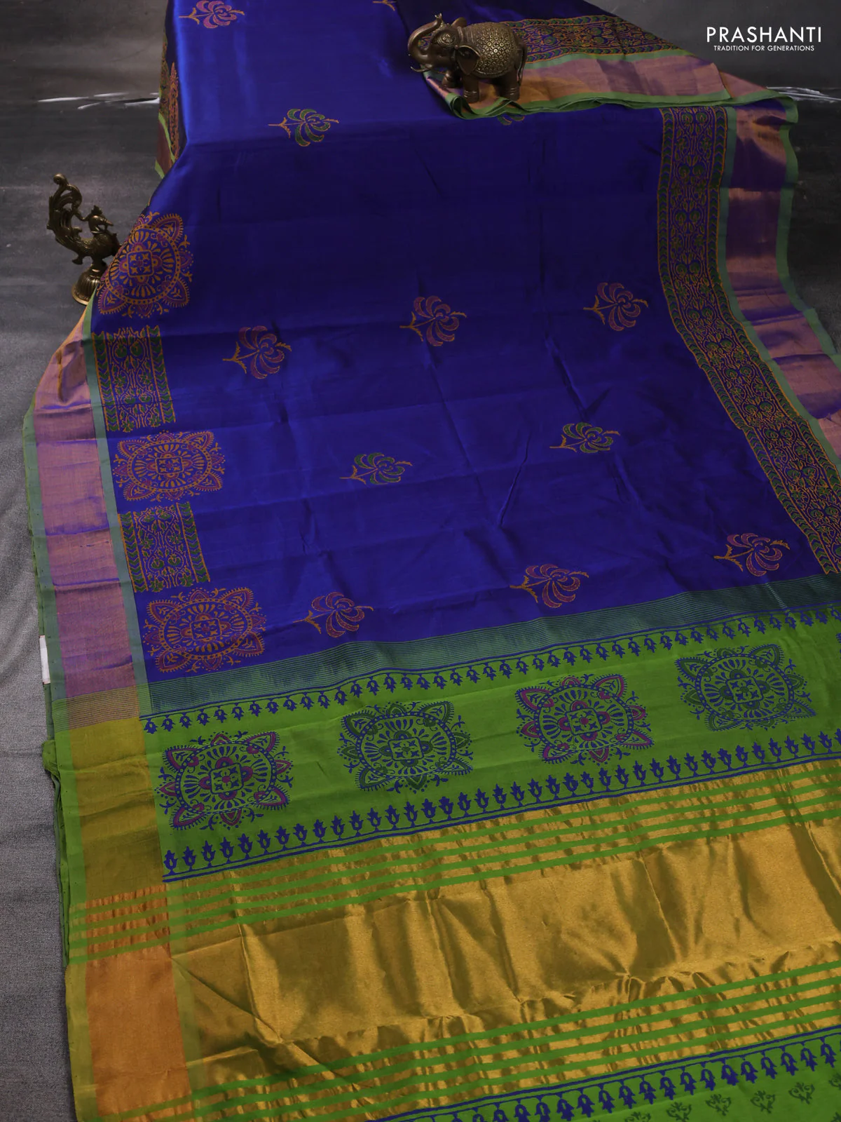 Silk cotton block printed saree blue and green with butta prints and zari woven border - Image 2