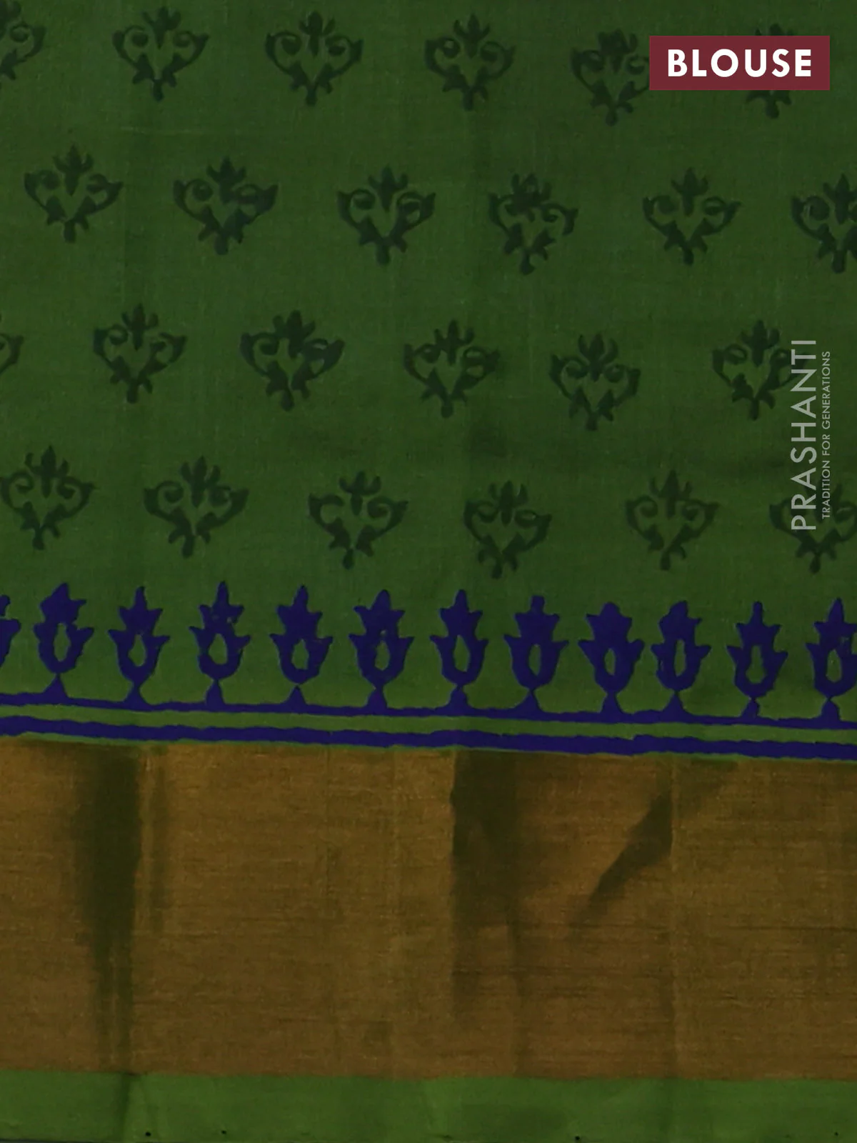 Silk cotton block printed saree blue and green with butta prints and zari woven border - Image 3