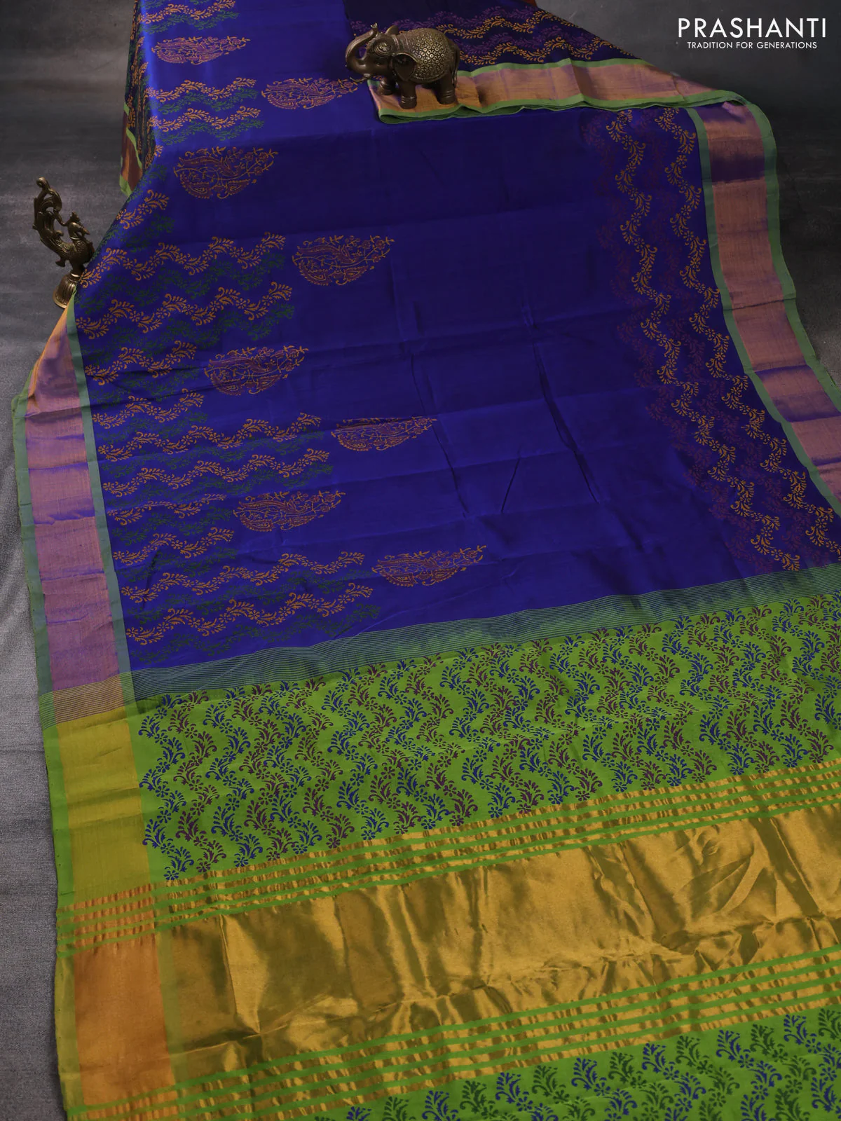 Silk cotton block printed saree blue and light green with allover prints and zari woven border - Image 2