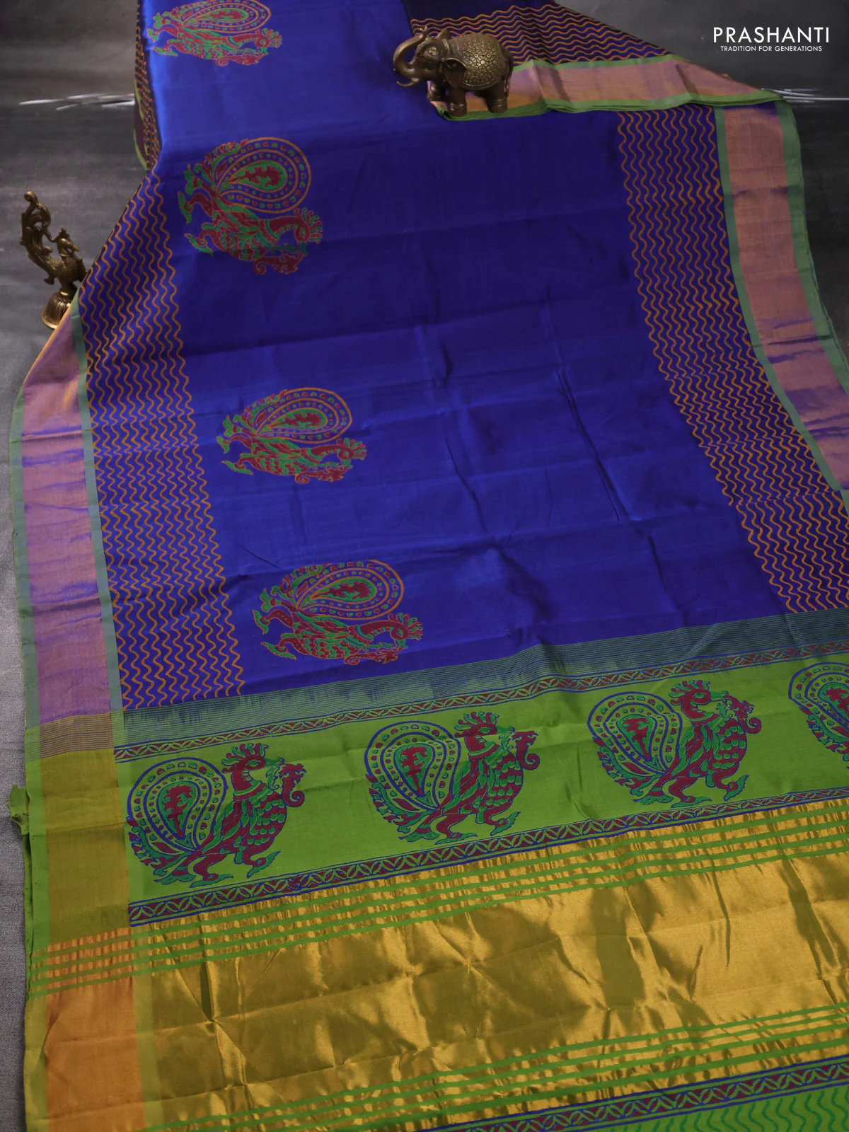 Silk cotton block printed saree blue and light green with annam butta prints and zari woven border - Image 2