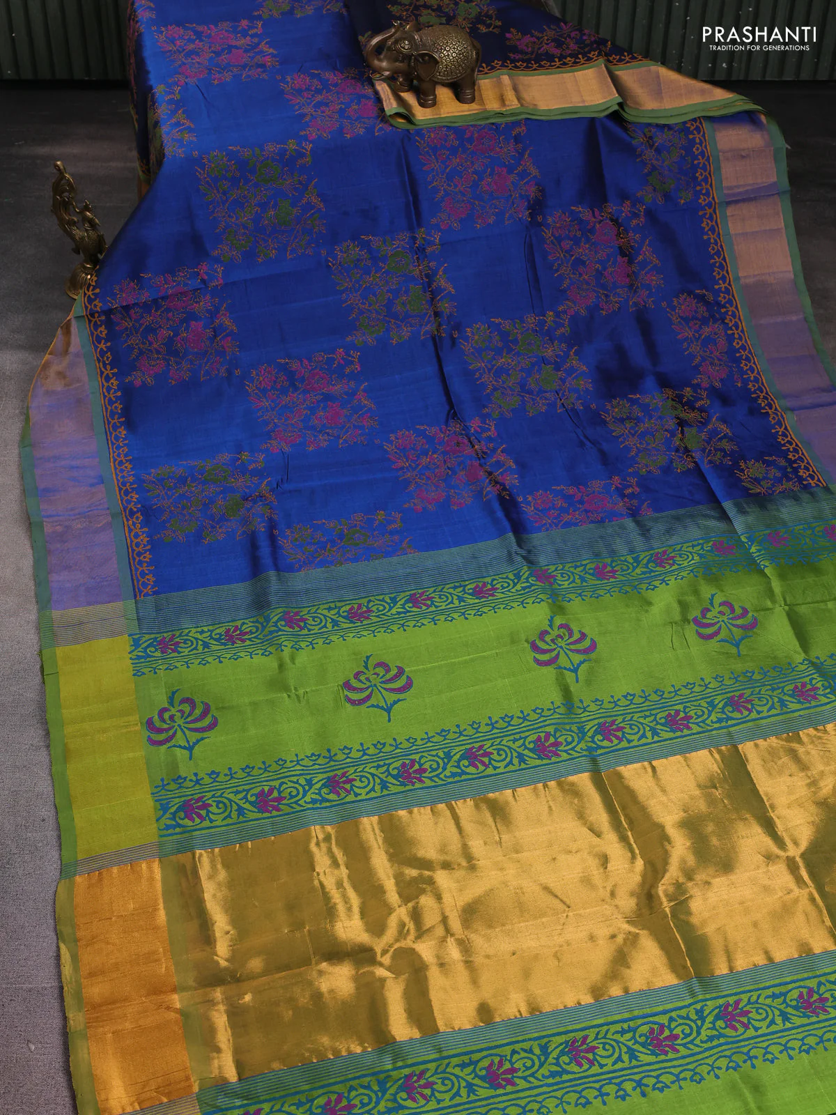 Silk cotton block printed saree blue and light green with prints and zari woven border - Image 2