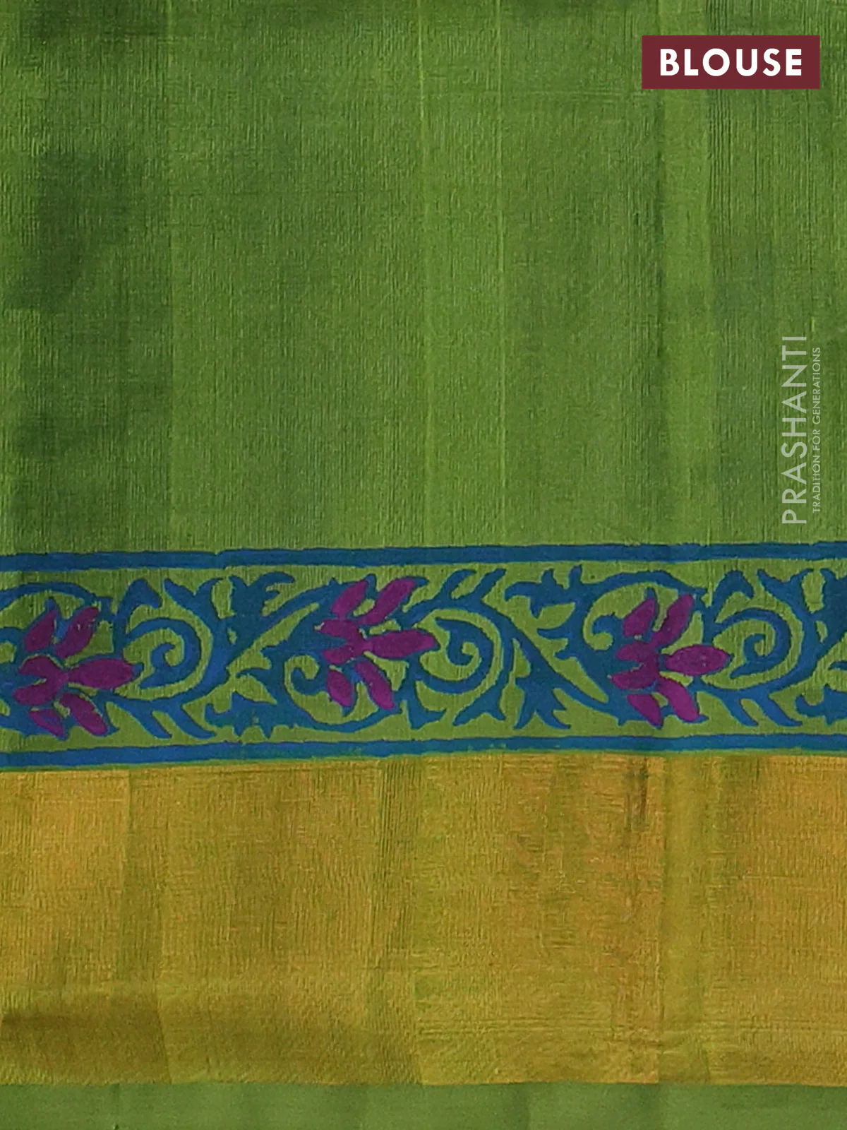 Silk cotton block printed saree blue and light green with prints and zari woven border - Image 3