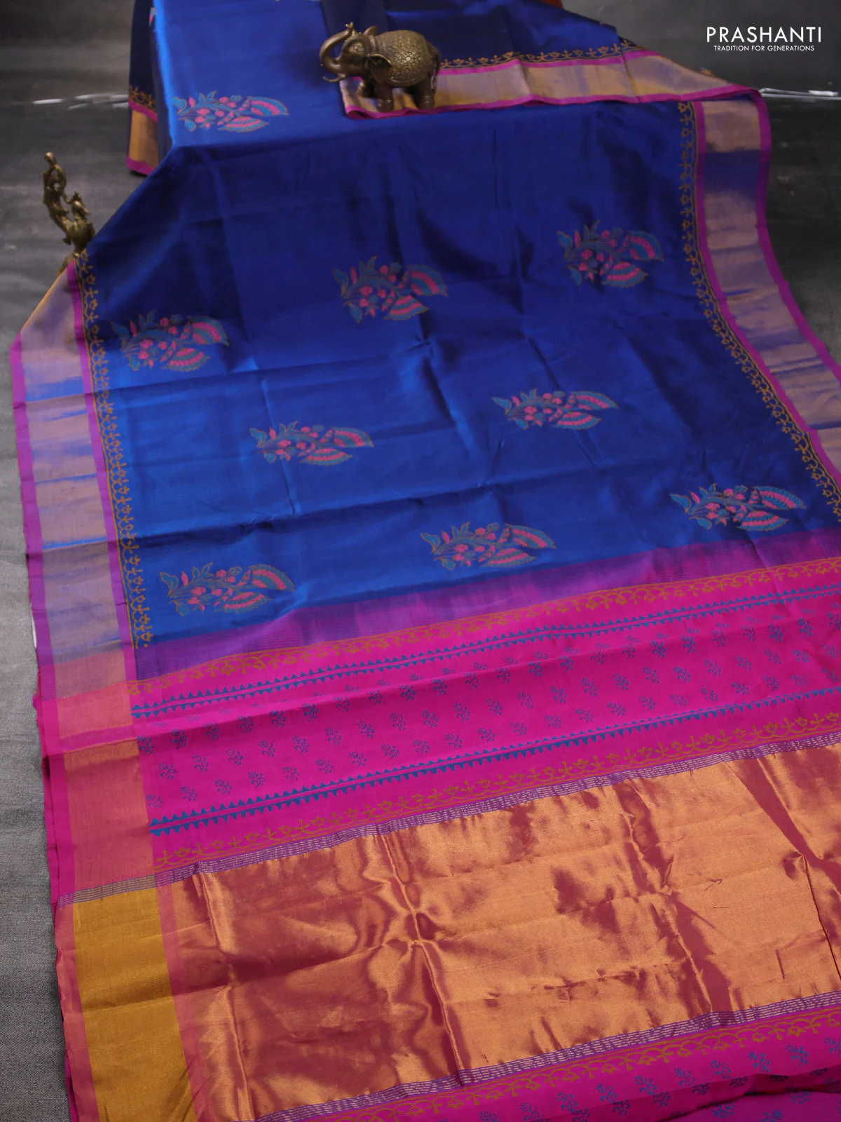 Silk cotton block printed saree blue and pink with floral butta prints and zari woven border - Image 2