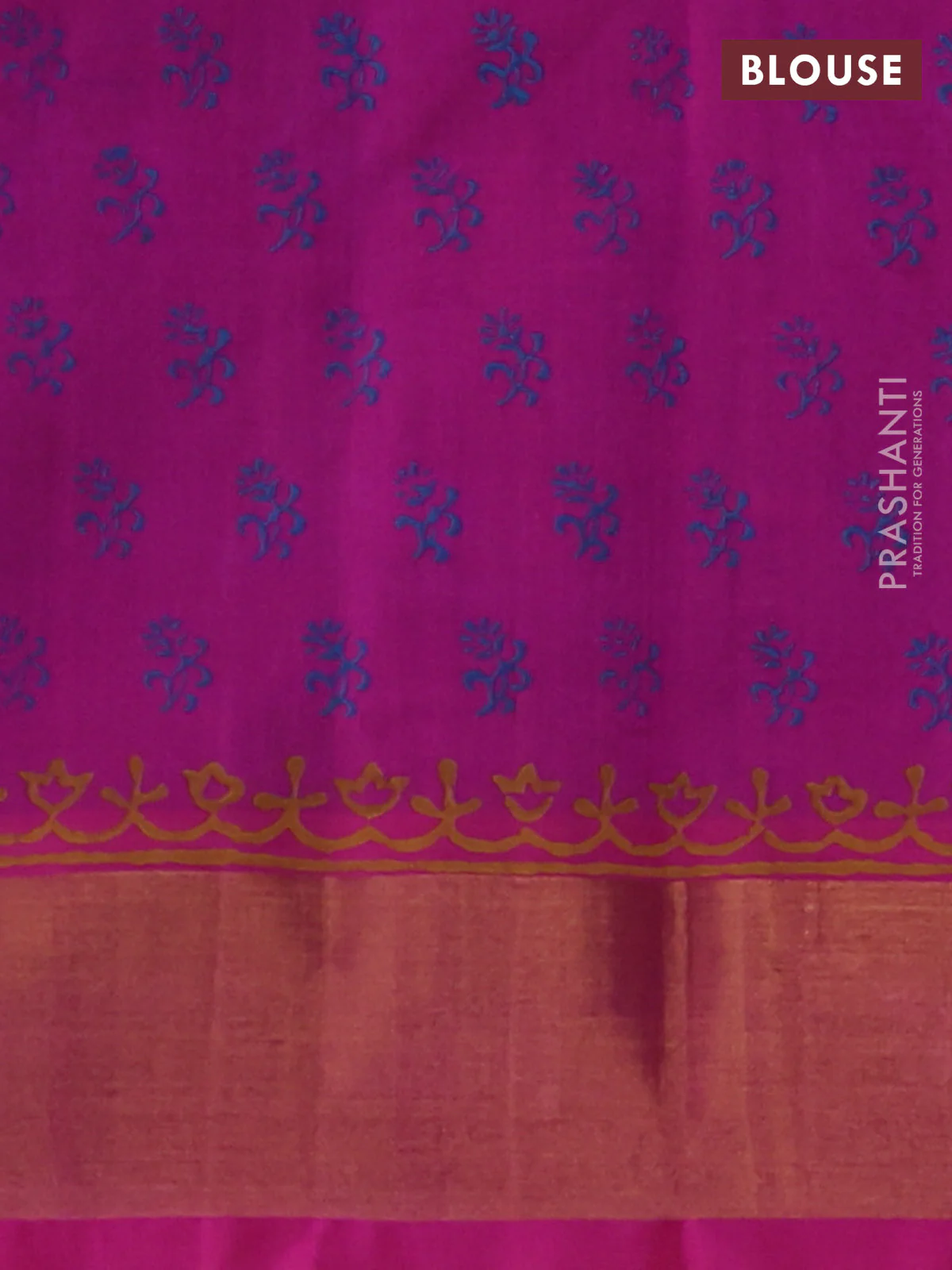 Silk cotton block printed saree blue and pink with floral butta prints and zari woven border - Image 3