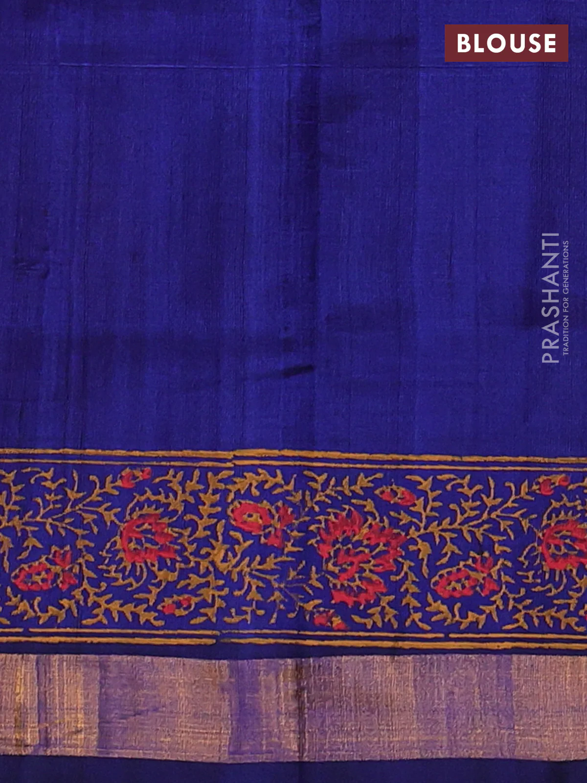 Silk cotton block printed saree blue with prints and zari woven border - Image 3