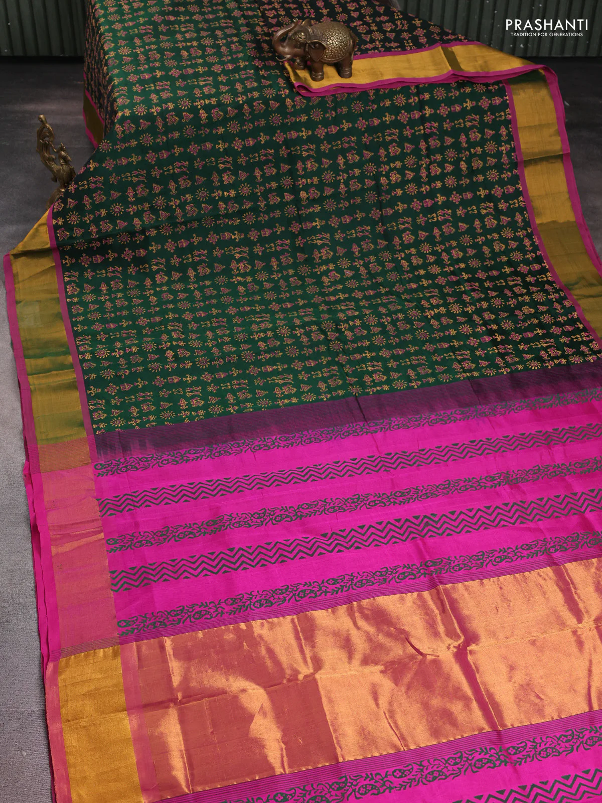 Silk cotton block printed saree bottle green and pink with allover prints and zari woven border - Image 2