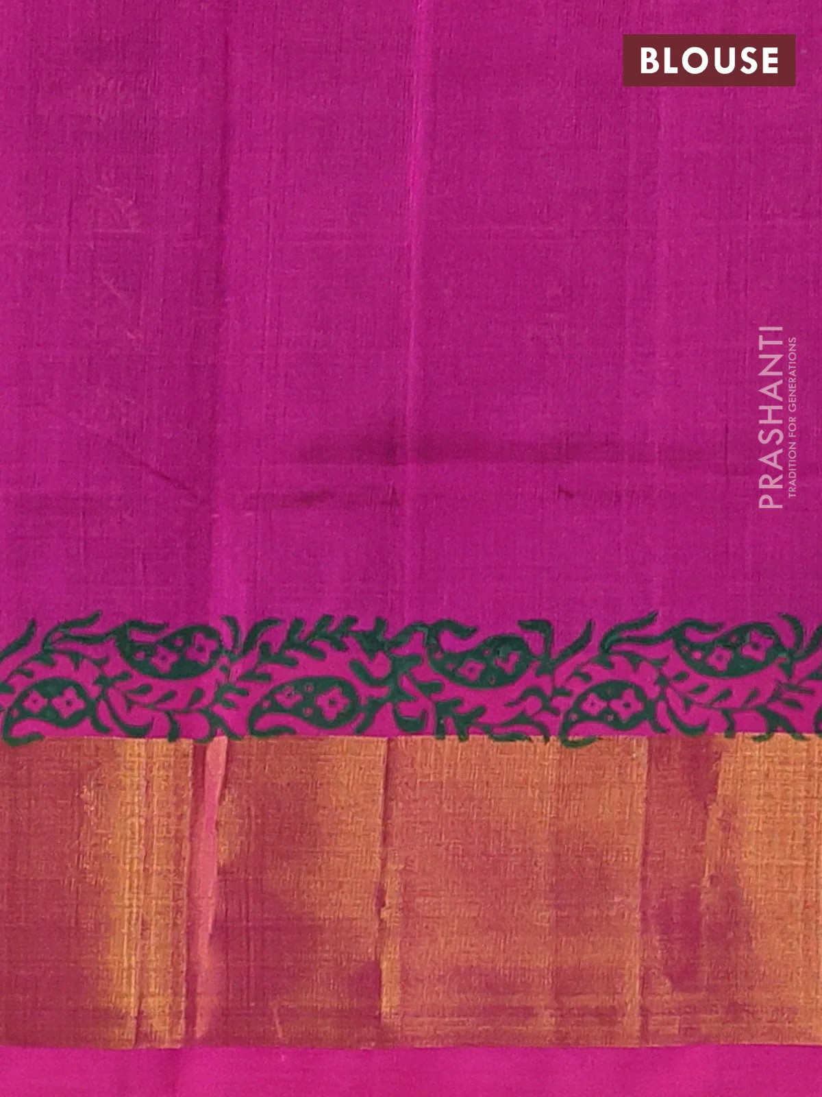 Silk cotton block printed saree bottle green and pink with allover prints and zari woven border - Image 3
