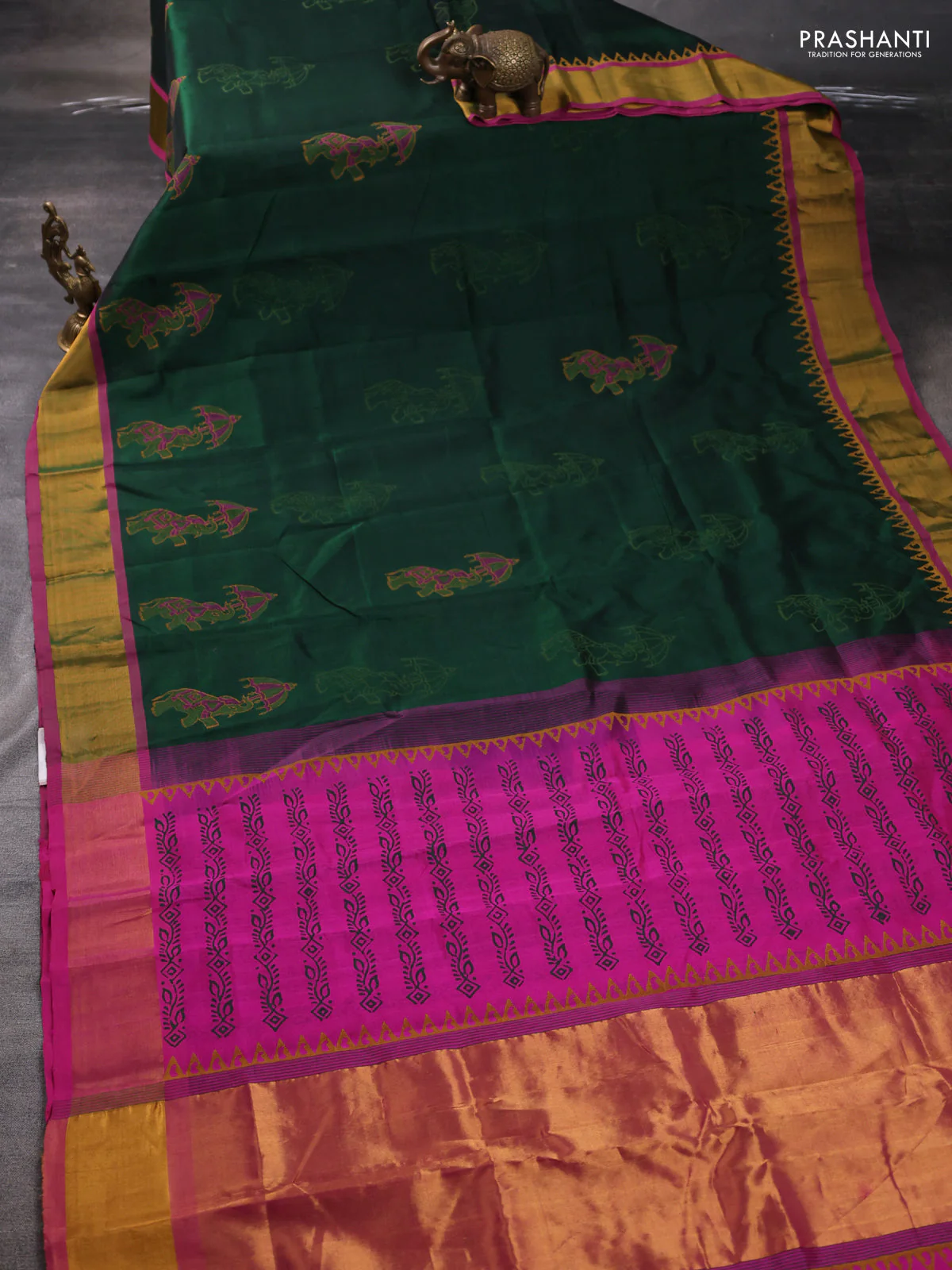 Silk cotton block printed saree bottle green and pink with elephant butta prints and zari woven border - Image 2