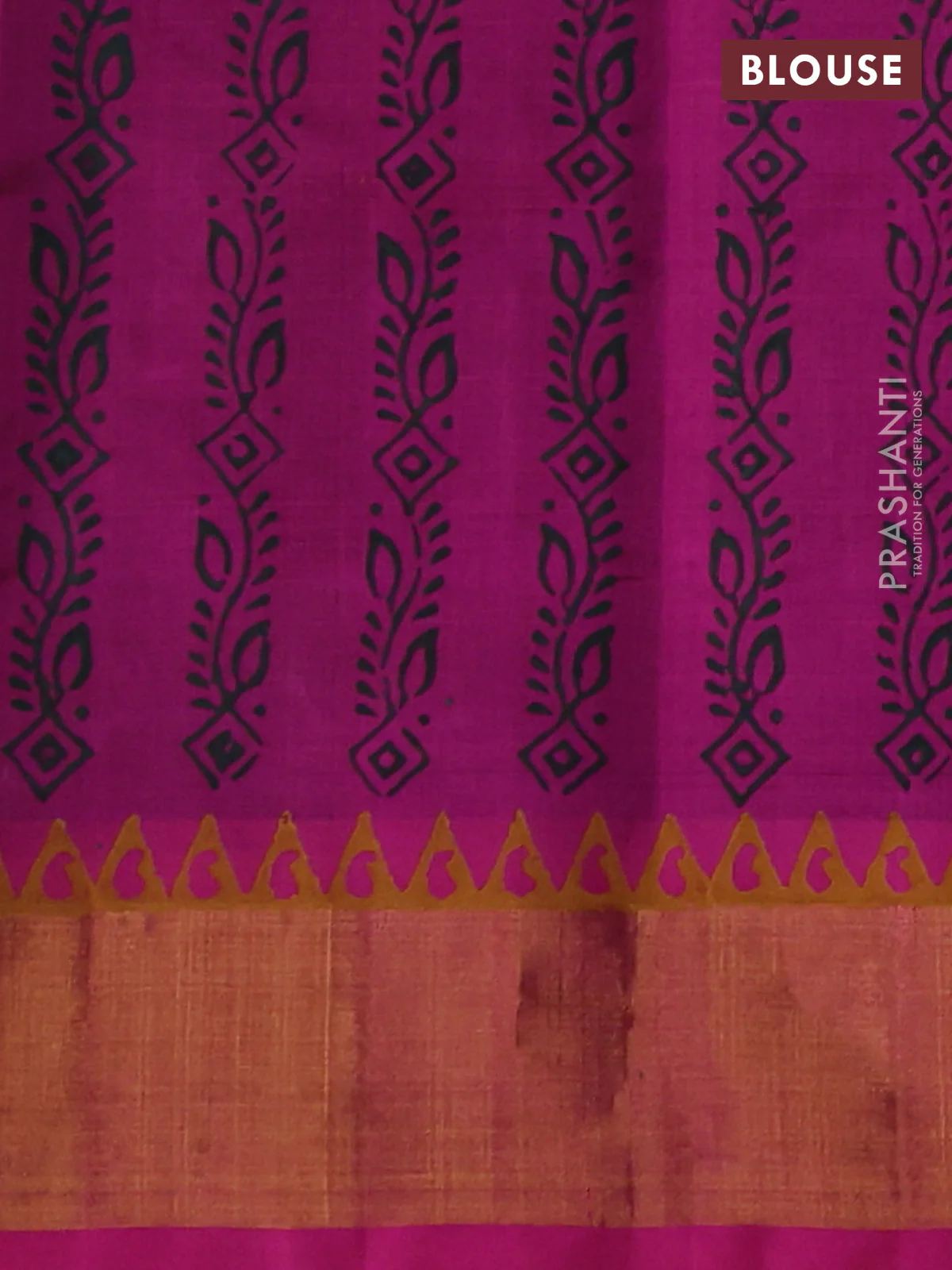 Silk cotton block printed saree bottle green and pink with elephant butta prints and zari woven border - Image 3