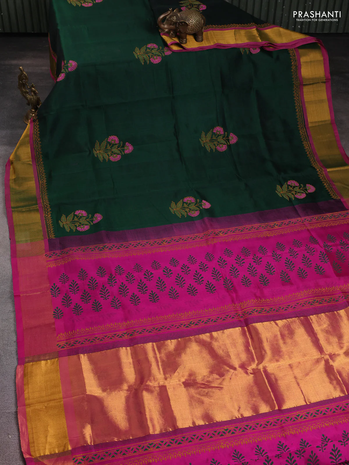 Silk cotton block printed saree bottle green and pink with floral butta prints and zari woven border - Image 2