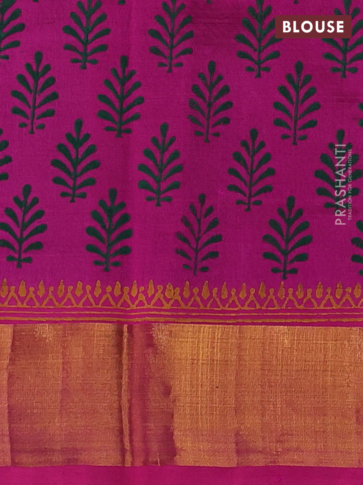 Silk cotton block printed saree bottle green and pink with floral butta prints and zari woven border - Image 3