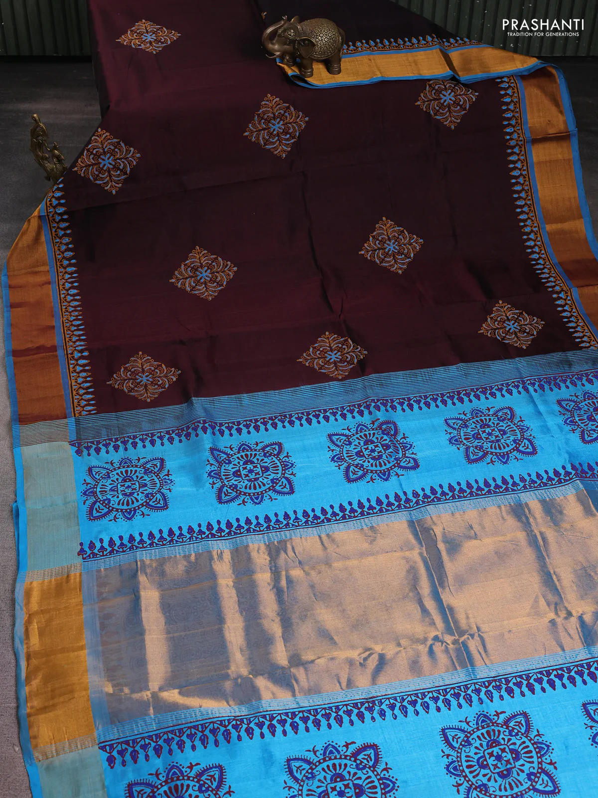 Silk cotton block printed saree coffee brown and cs blue with butta prints and zari woven border - Image 2
