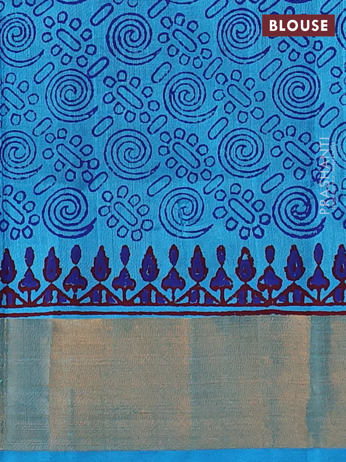 Silk cotton block printed saree coffee brown and cs blue with butta prints and zari woven border - Image 3