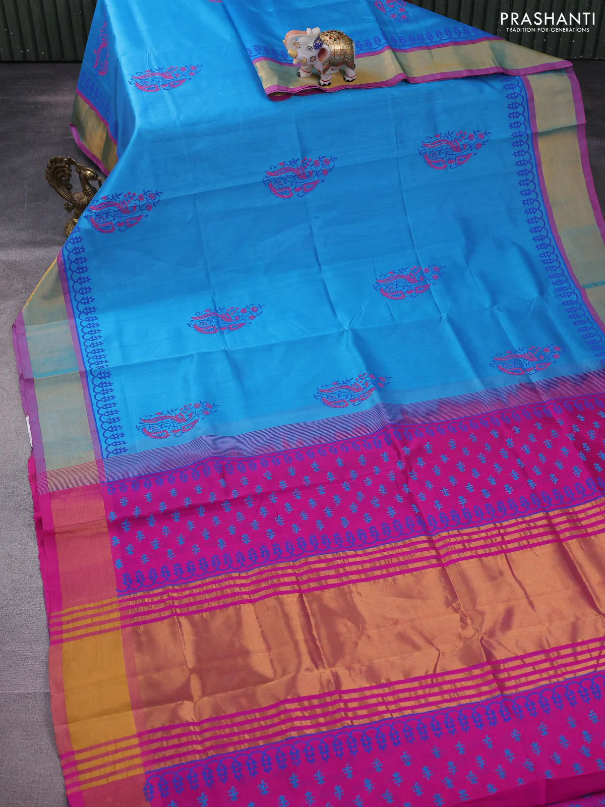 Silk cotton block printed saree cs blue and pink with butta prints and zari woven border - Image 2