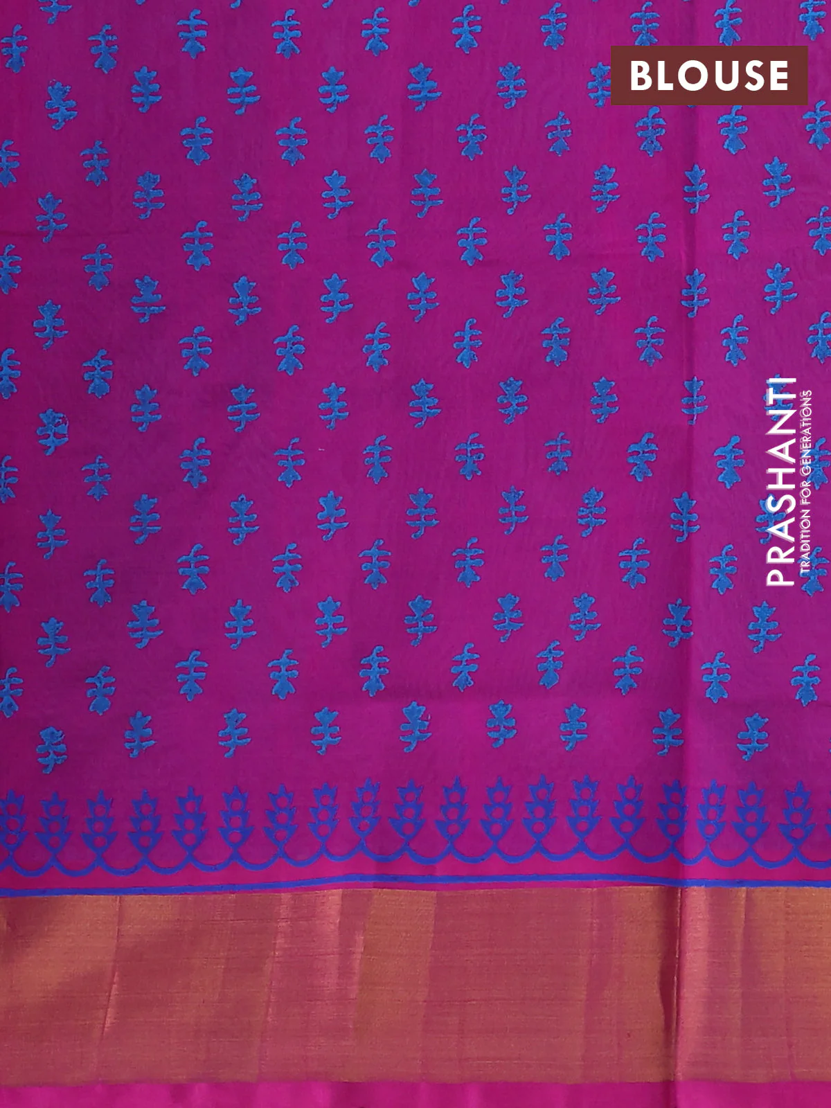 Silk cotton block printed saree cs blue and pink with butta prints and zari woven border - Image 3
