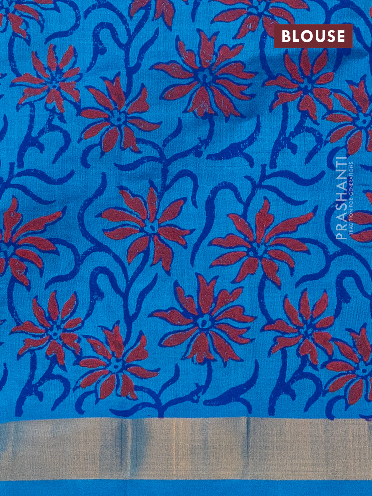 Silk cotton block printed saree cs blue with allover prints and zari woven border - Image 3