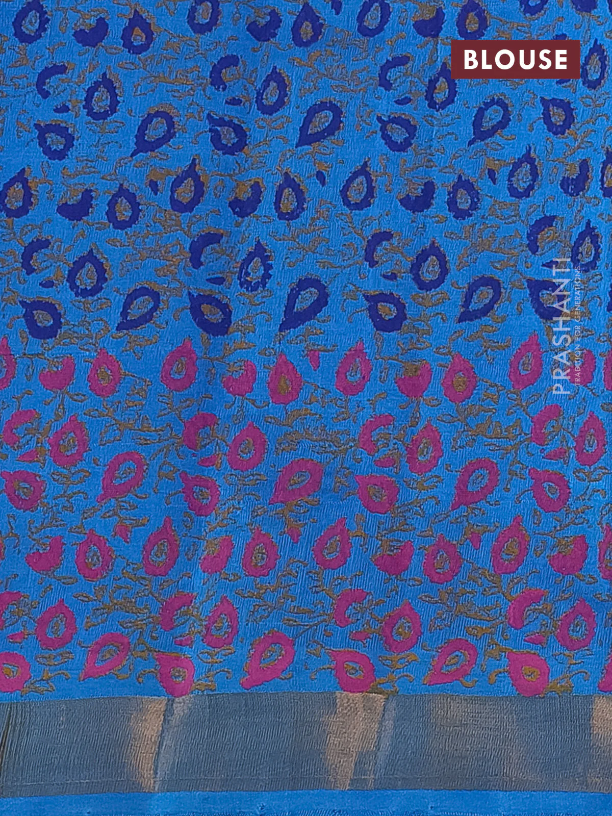 Silk cotton block printed saree cs blue with allover prints and zari woven border - Image 3