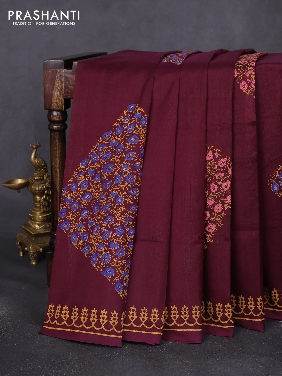 Silk cotton block printed saree deep wine shade with allover prints and printed border