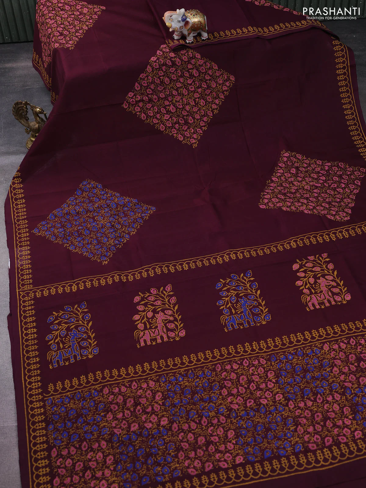 Silk cotton block printed saree deep wine shade with allover prints and printed border - Image 2