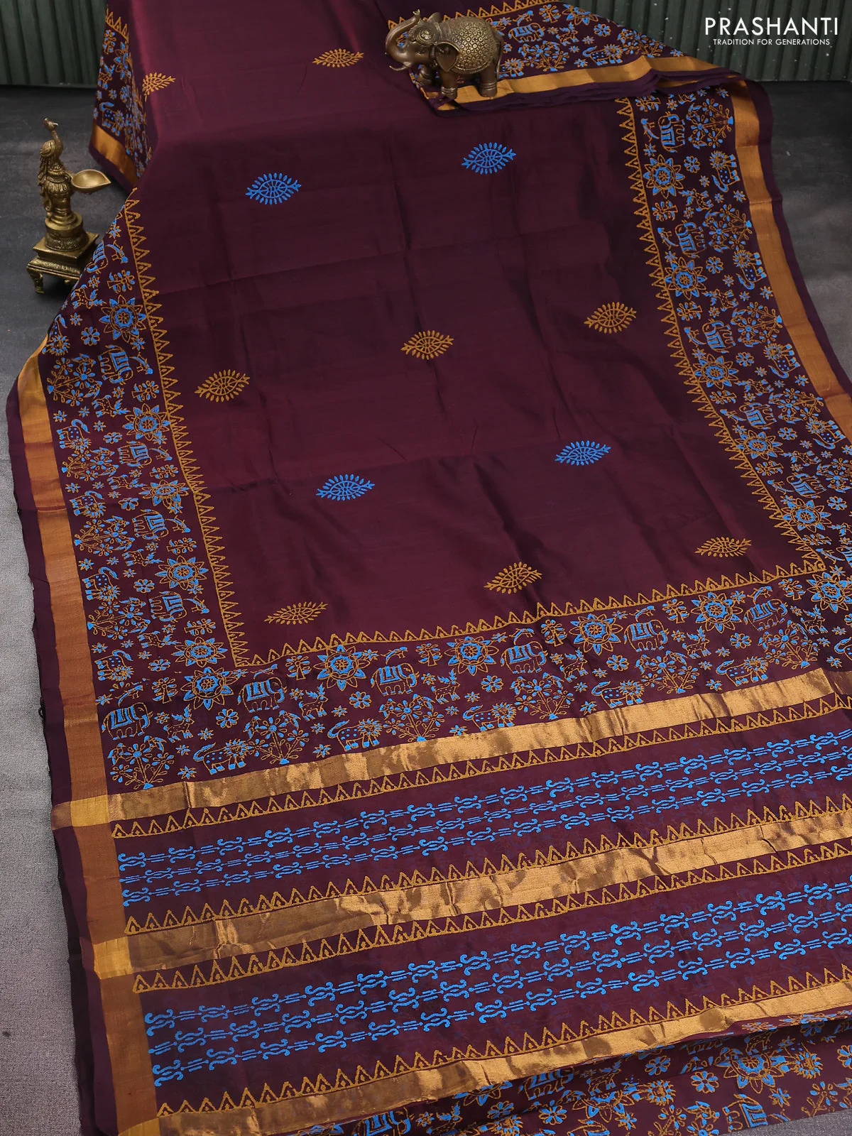 Silk cotton block printed saree deep wine shade with butta prints and zari woven border - Image 2